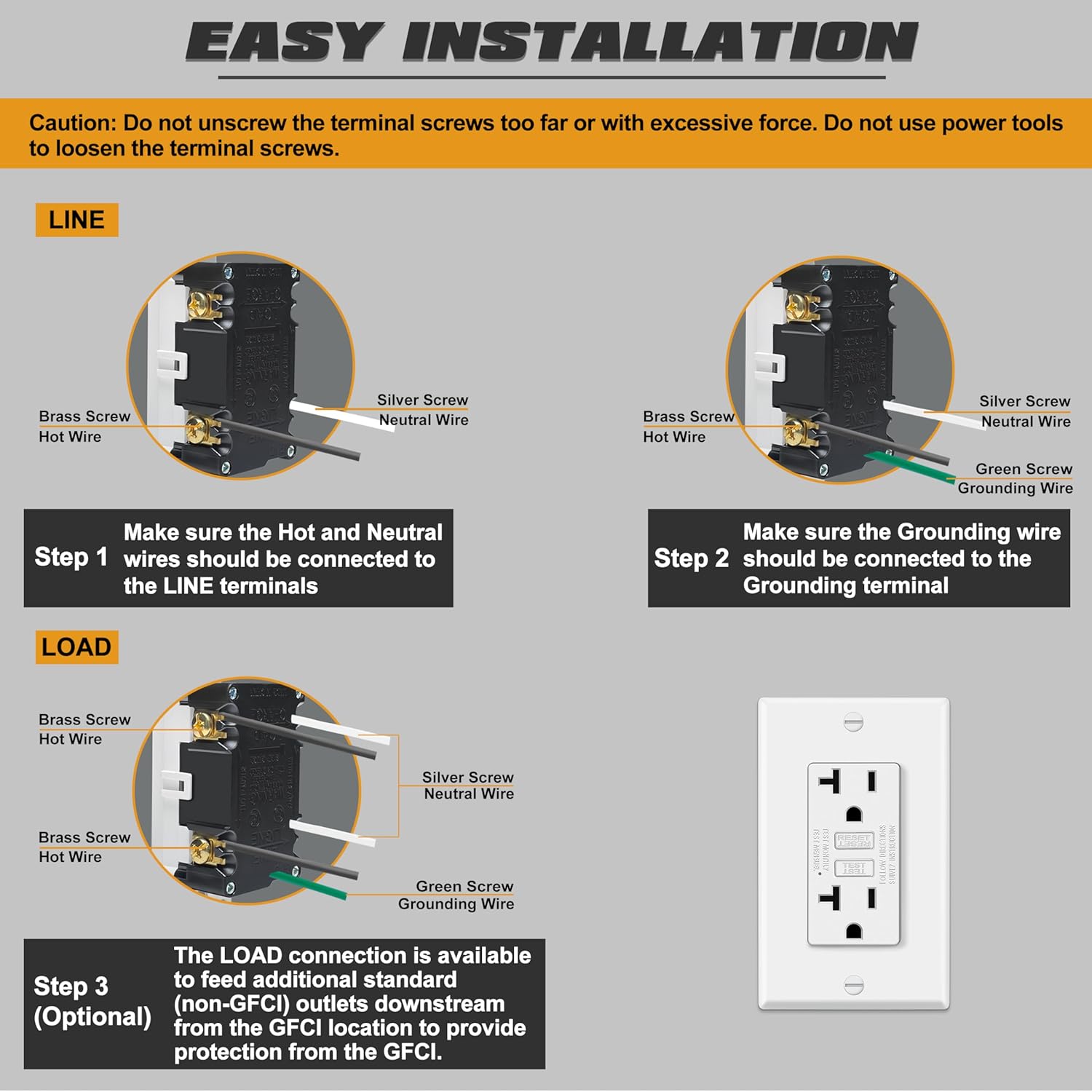 10 Pack GFCI Outlets 20 Amp, Non-Tamper Resistant, Decor GFI Receptacles with LED Indicator, Ground Fault Circuit Interrupter, Wallplate Included, ETL Listed โ image 5