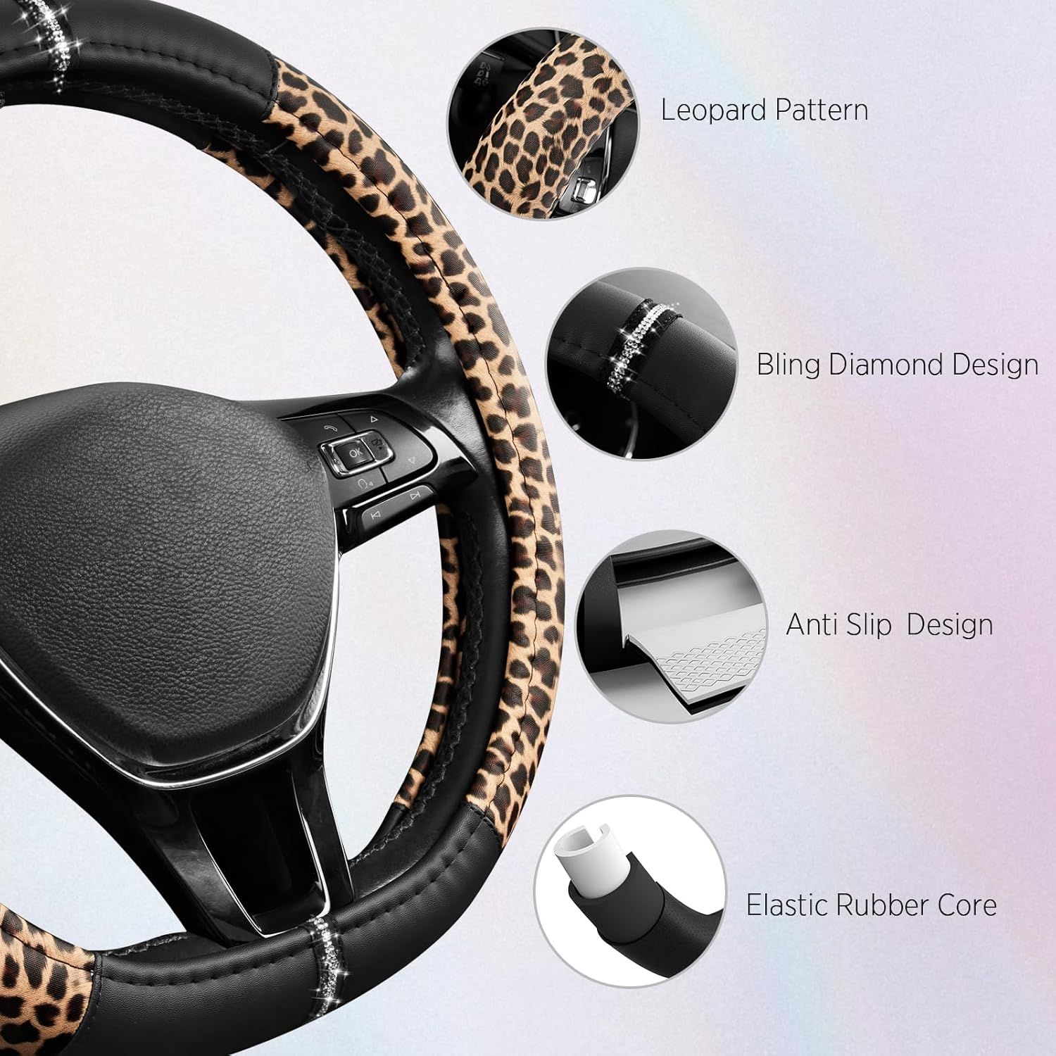 Leopard Steering Wheel Cover for Women, Cute Anti-Slip Microfiber Leather, Fits D Shape Flat Bottom Steering Wheel 14.5-15 Inch - Black โ image 4