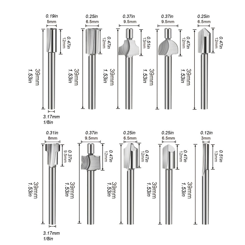 10Pcs Hss Router Bits Wood Cutter Milling Fits Dremel-Rotary Tool Set 1/8" 3Mm Shank Carpentry Router Bits For Rotary Tools Diy A Smile Home — image 3