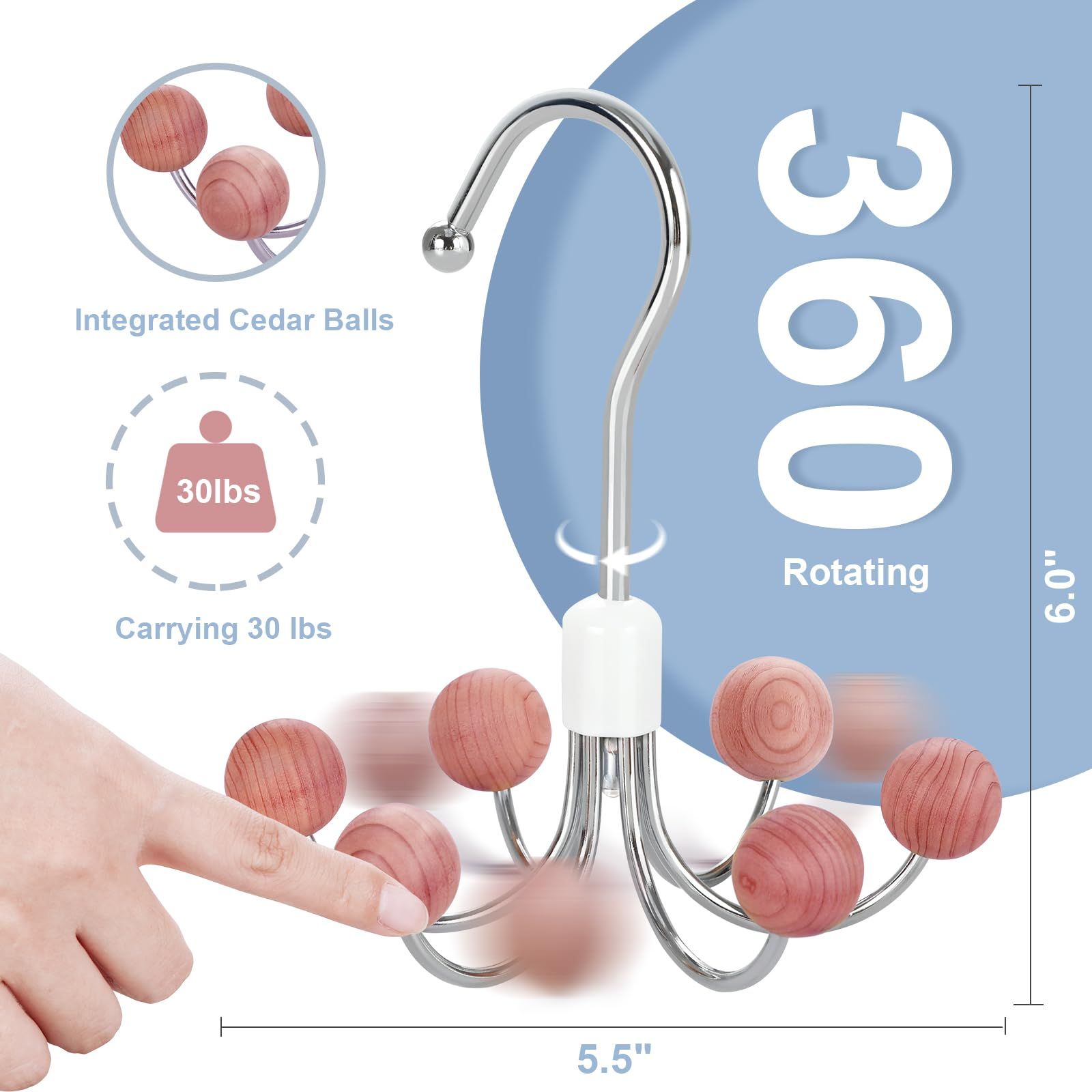 Purse Hanger 2-Pack with 6 Cedar Balls, 360°Swivel Scarf Hanger, Closet Storage Hook, Handbag Organizer, Bra Hanger — image 2