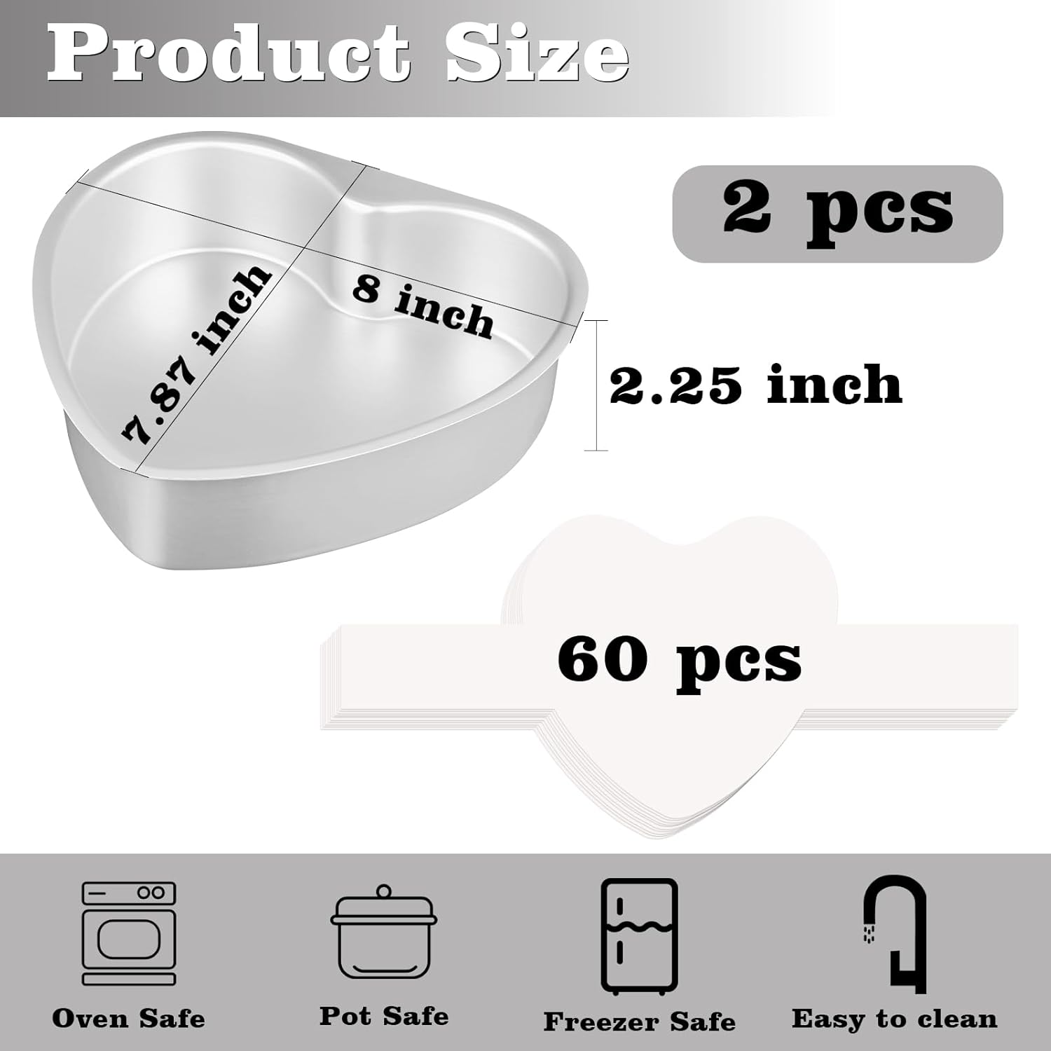 8 Inch Heart Cake Pan, Set of 2 Heart Shaped Cake Pans with 60 Pieces Parchment Paper, Non-stick Cake Baking Pans for Kitchen Birthday Wedding — image 3