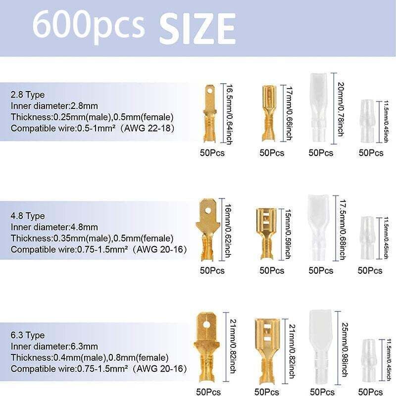 600 Pcs Brass Crimp Terminals, Electrical Lug with Insulated Sleeve Male Female Spade Wire Connectors Crimp Terminal, 2.8 mm, 4.8 mm, 6.3 mm — image 2