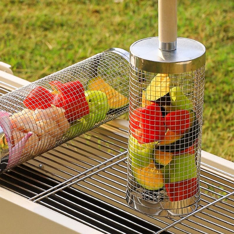 2-Pack Rolling Grill Baskets 304 Stainless Steel with Removable Wooden Handle for Vegetables and Shrimp, 35 x 9.5 cm โ image 3