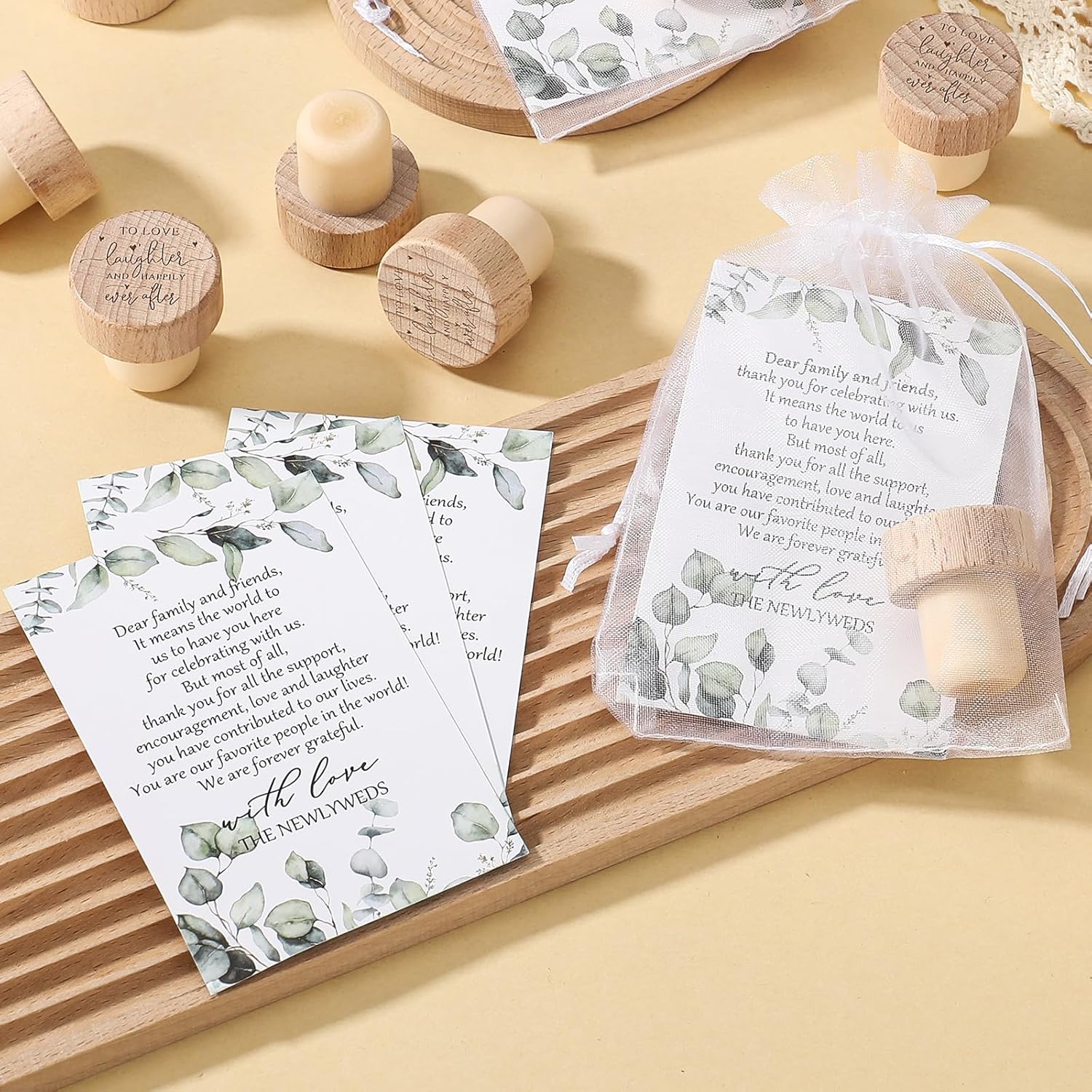 50 Sets Wedding Favors for Guests Bulk Engraved Wood Wine Bottle Corks Wine Stopper with Wedding Thank You Cards and Organza Bags Appreciation Gifts for Guest — image 4