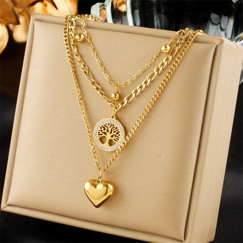 Three-Tier Layered Tree of Life Heart-Shaped Titanium Steel Necklace: 18K Gold-Plated Collar Chain—A Simple, Elegant Cuban Chain Necklace for Women — image 2