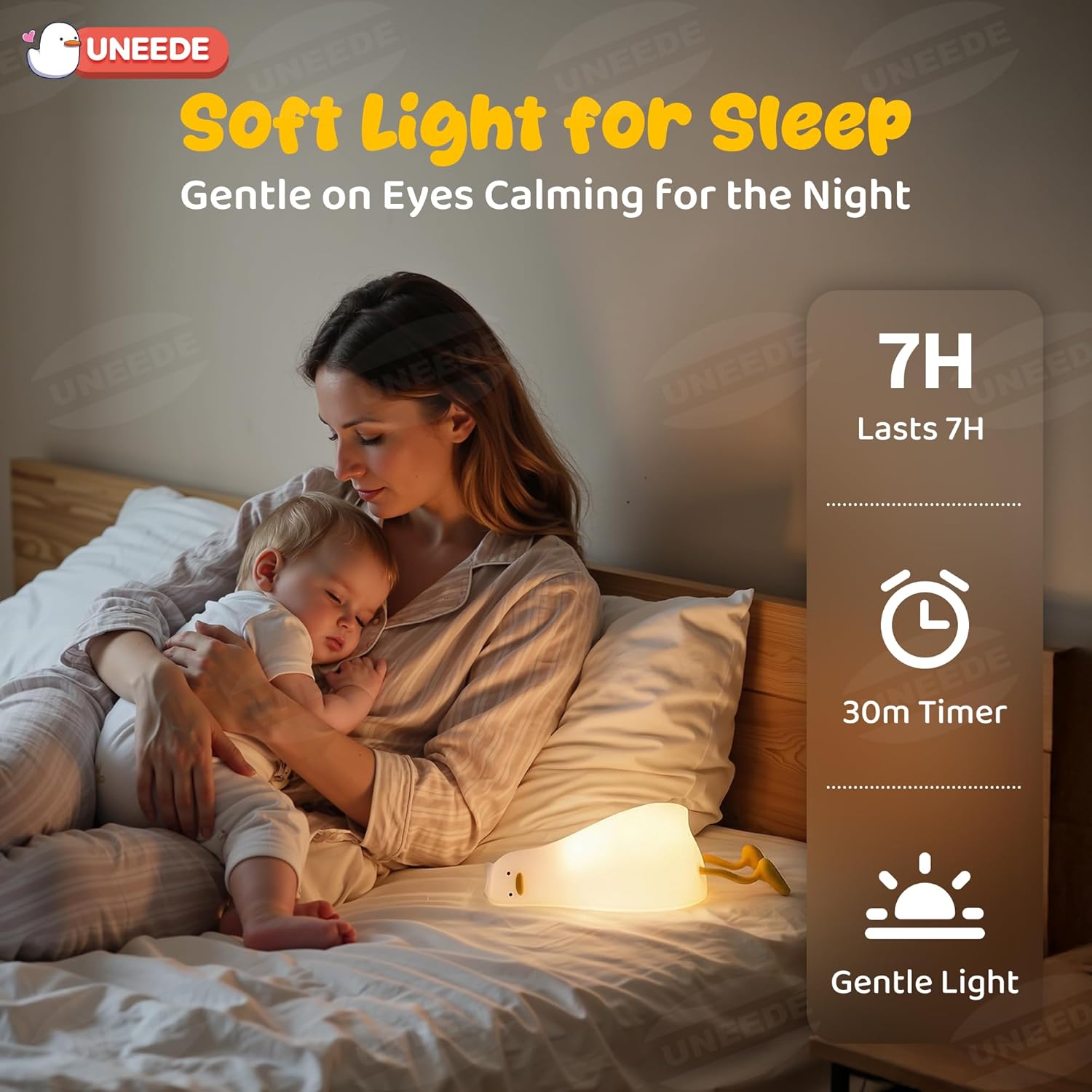UENEEDE Lying Flat Duck Lamp, 3 Level Dimmable Rechargeable Silicone Night Light, Benson Duck Cute Squishy Touch Sensor Bedside Lamp for Nursery — image 3