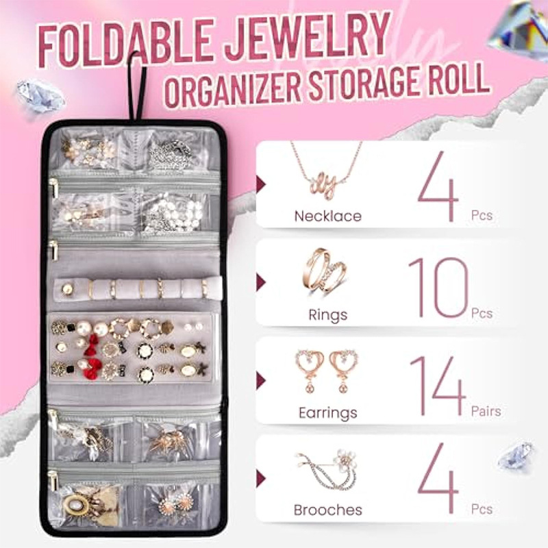 Pink 4-in-1 Travel Cosmetic Organizer Bag with Detachable Polyester Storage Boxes and Jewelry Roll, Multiple Compartments, Portable Makeup Bag โ image 6