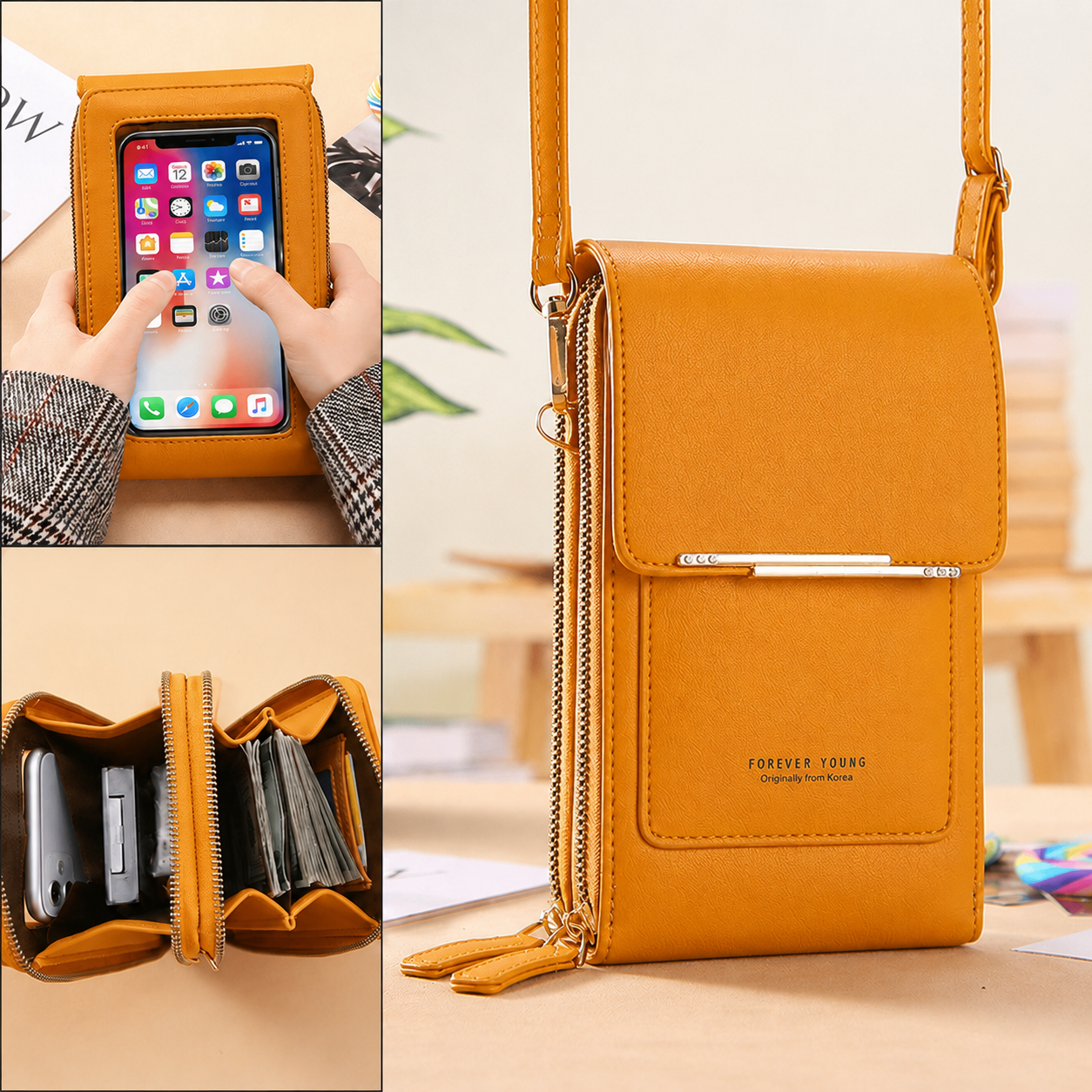Yellow Touch Screen Phone Wallet Crossbody Bag for Women Vertical PU Leather Purse with Card Holder Zipper Pocket Adjustable Strap for Travel Shopping Everyday โ image 3