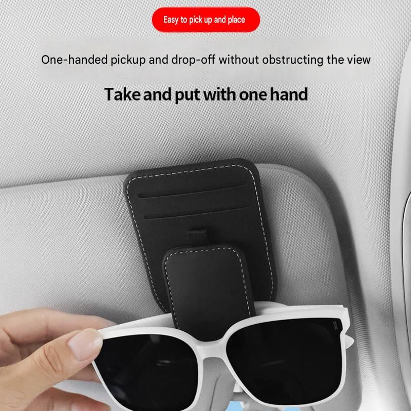 Black Car Sun Visor Eyeglasses Holder Magnetic Glasses Clip with Card Storage Multifunction Auto Sunglasses Organizer PVC Leather Interior Accessory โ image 3