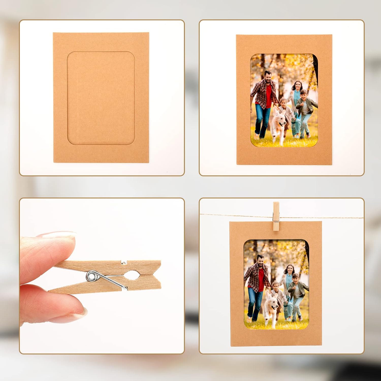 30Pcs Brown Paper Picture Frames, 4x6 inch Cardboard Photo Frames with Wooden Clips and String, DIY Picture Frames for Kids Artwork, Bedroom, Classroom Wall — image 4