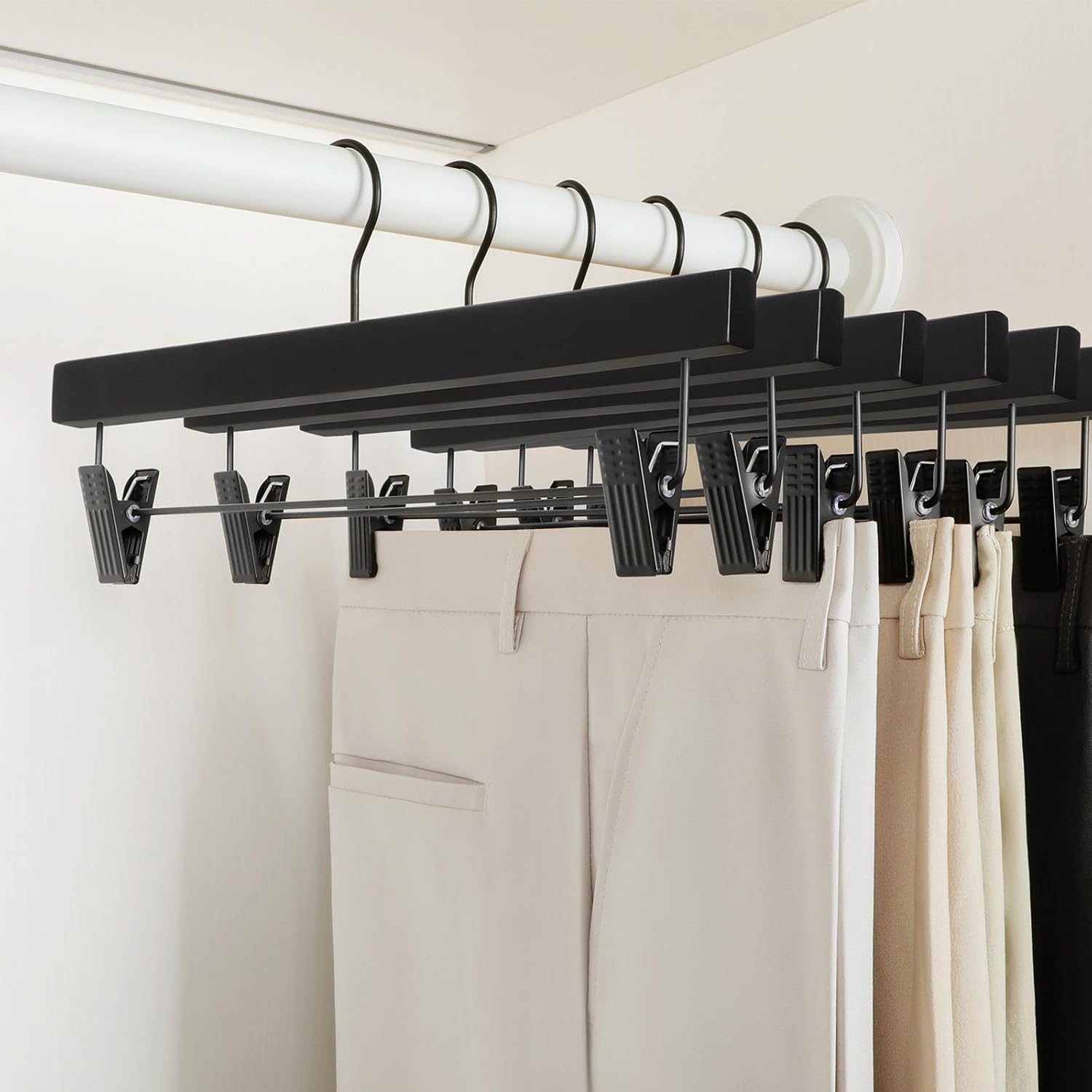 TOPIA HANGER Wooden Pants Hangers 10 Pack, Black Skirt Hangers with Clips and Rotatable Hook, Durable Natural Rubber Wood Organizer for Skirts, Pants, Jeans โ image 2