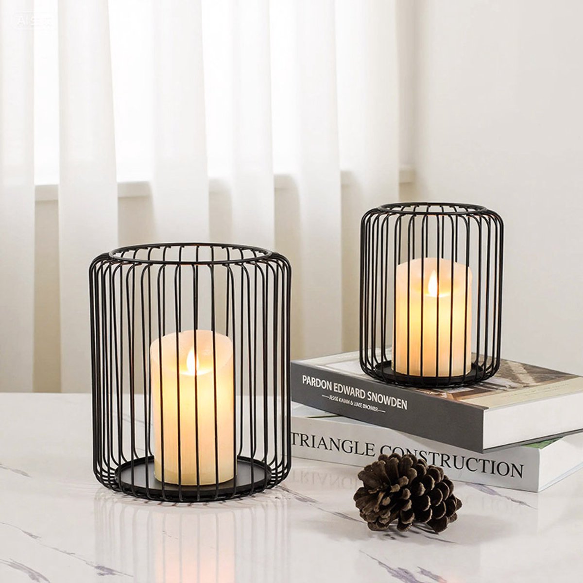 Set of 2 black metal candle holders, large oval candle holder, black decoration, metal wire lantern (Zwart) — image 3