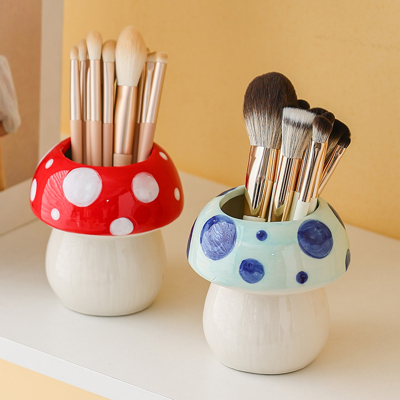 Pink And Red Adorable Ceramic Mushroom Desk Organizer - Cute Pen & Makeup Brush Holder โ image 3