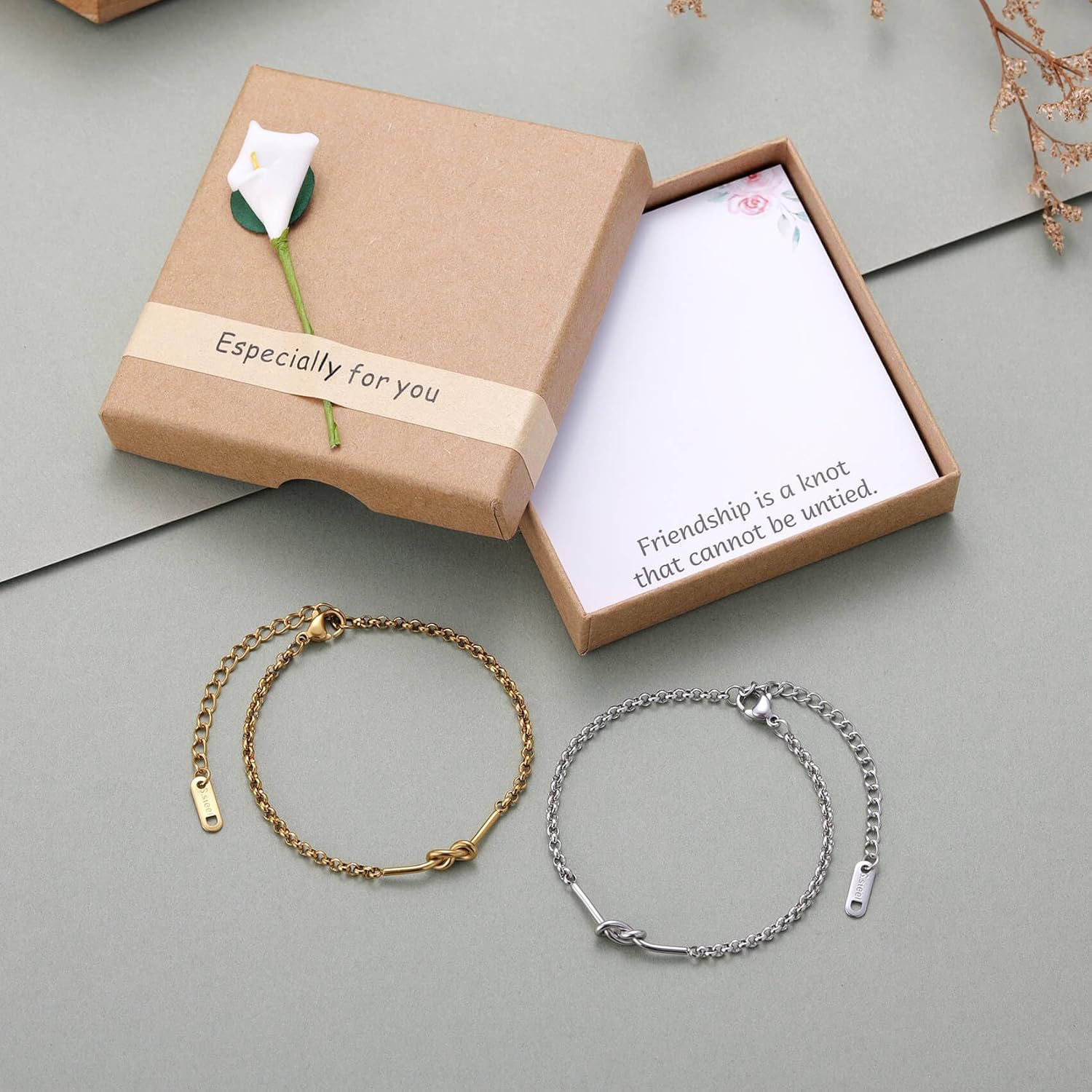 Kvekstio Set of 2 Friendship Knot Bracelets for Women – Gold & Silver Matching Chain Bracelets for Best Friends Besties or Bridesmaids, Meaningful — image 5