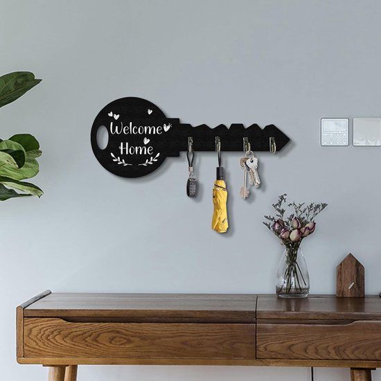 4-Hook Key-Shaped MDF Wall Key Rack, Black Welcome Home Coat and Bag Organizer, 29.5 x 12 cm β image 5