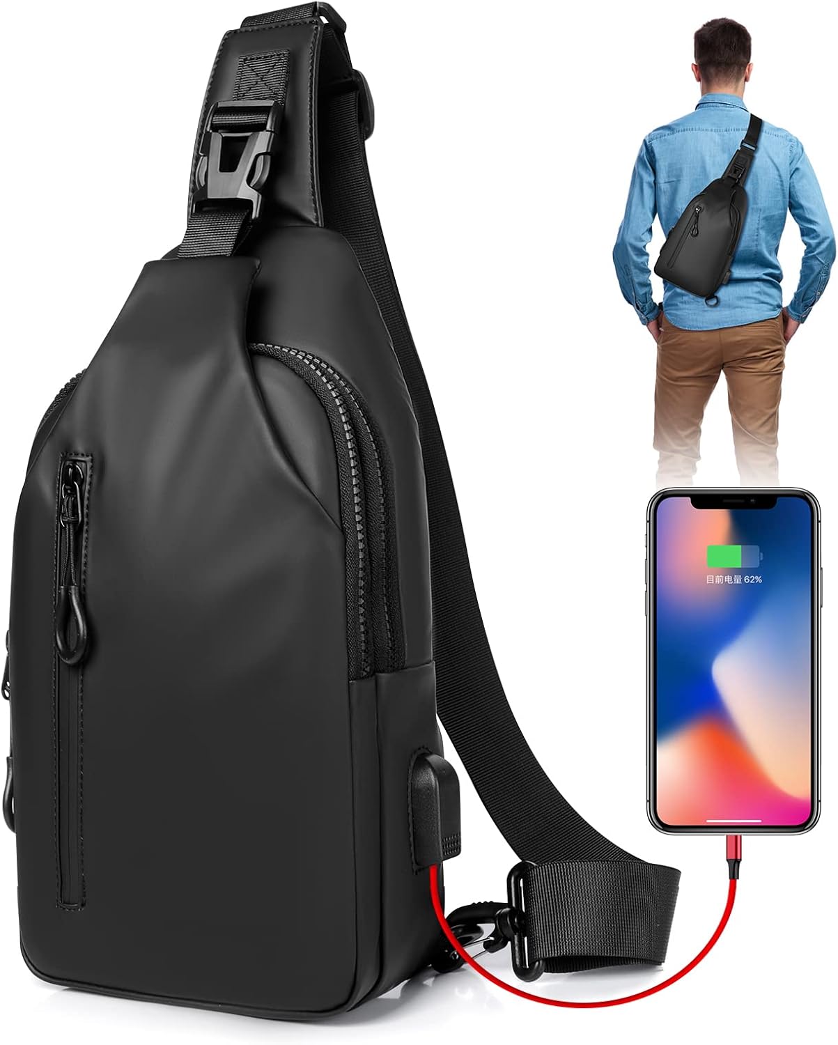 Small Crossbody Sling Backpack Casual Chest Daypack with USB Charger Port Waterproof Outdoor Chest Sling Bag Shoulder Chest Bag Daypack for Women & Men Perfect