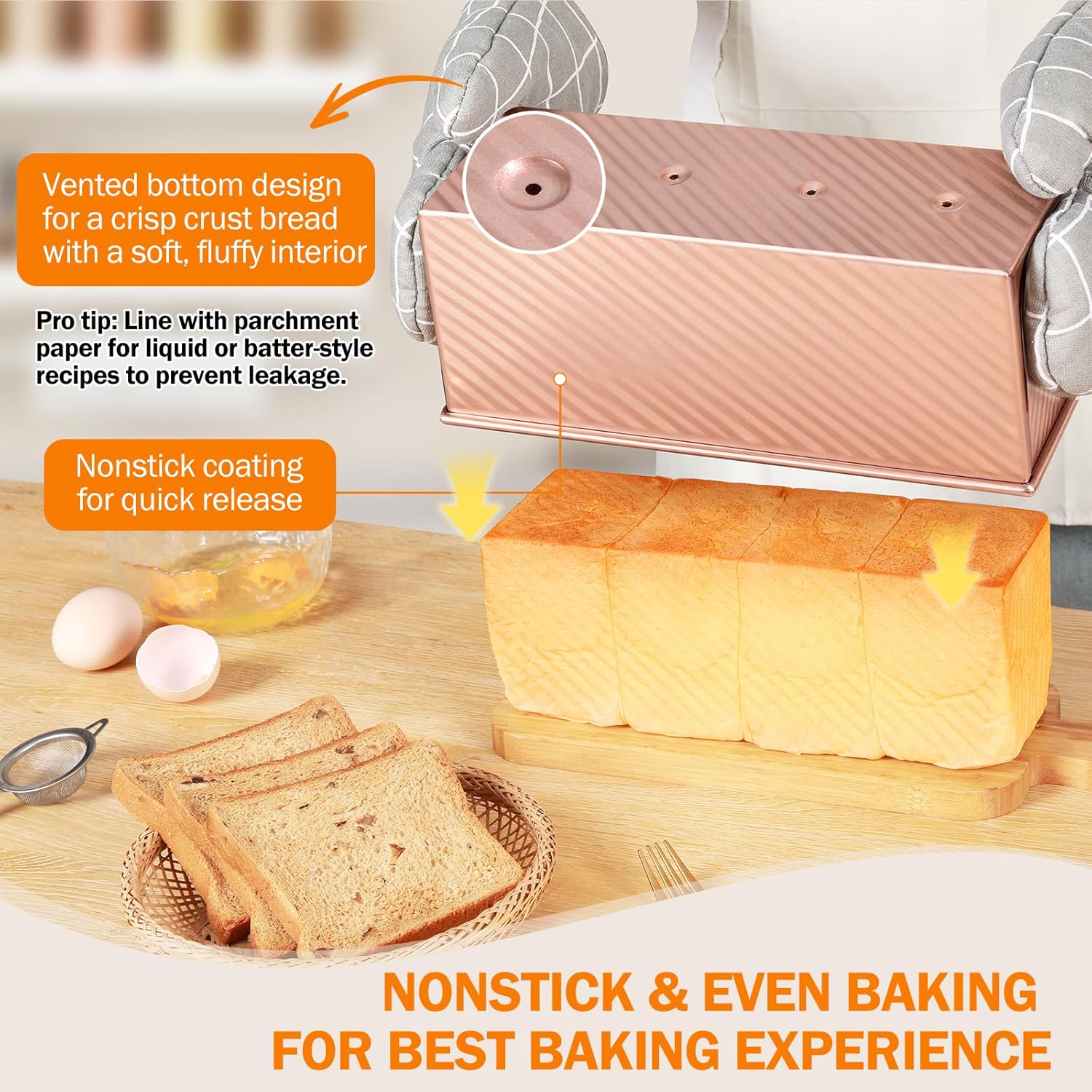 Pullman Loaf Pan with Lid, 13x4 inch, Premium 2.2LB Nonstick Sandwich Bread Loaf Pan for Homemade Sourdough Bread, Heavy Duty Carbon Steel Corrugated Toast Box — image 3