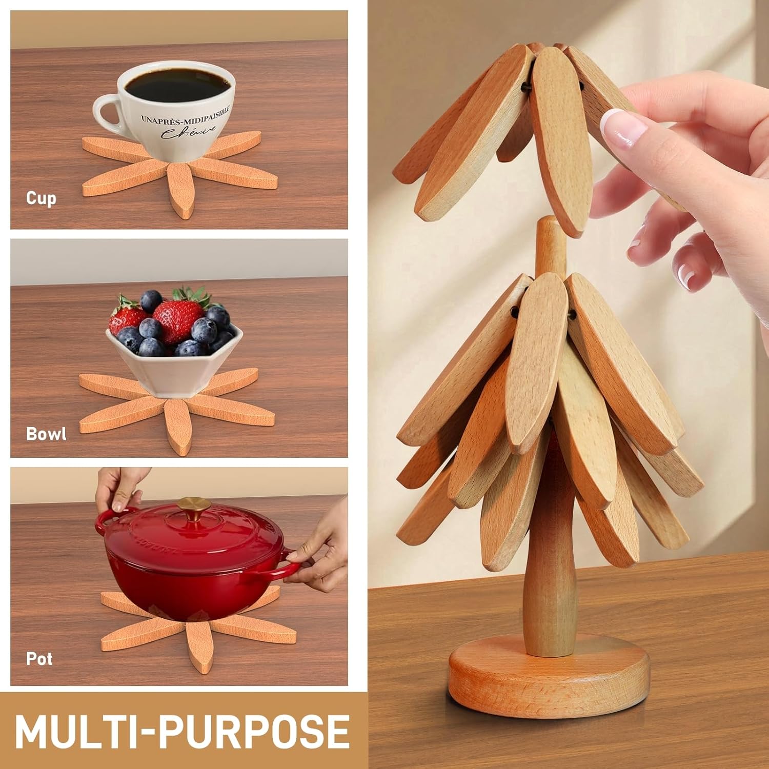 4 Pack Wooden Tree-Shaped Coasters, Interlocking Heat Resistant Drink Mats for Tables, Kitchen Benchtops and Home Decor, Natural — image 5
