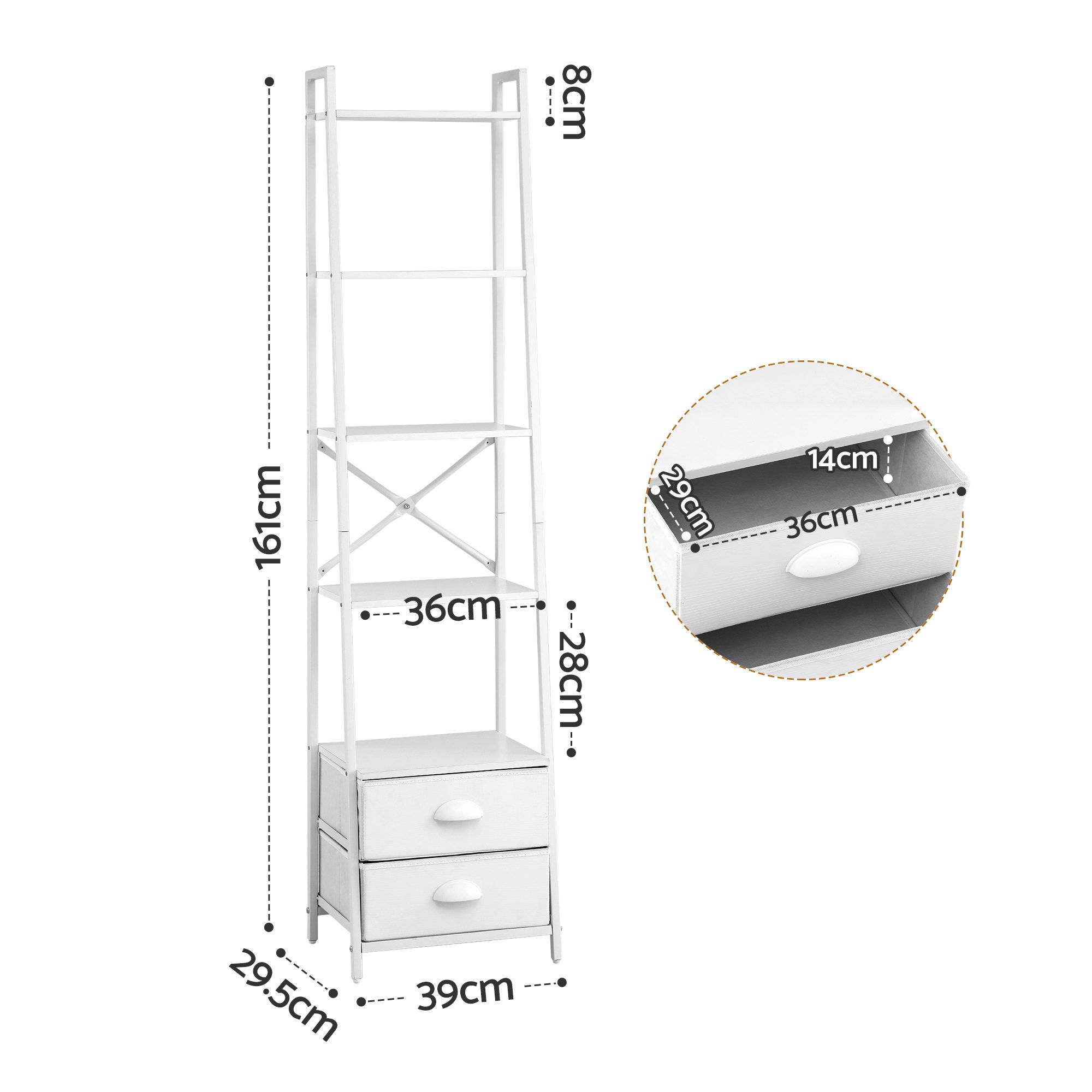 Artiss 5 Tier Bookshelf Ladder Bookcase with Fabric Drawers Display Rack White — image 3