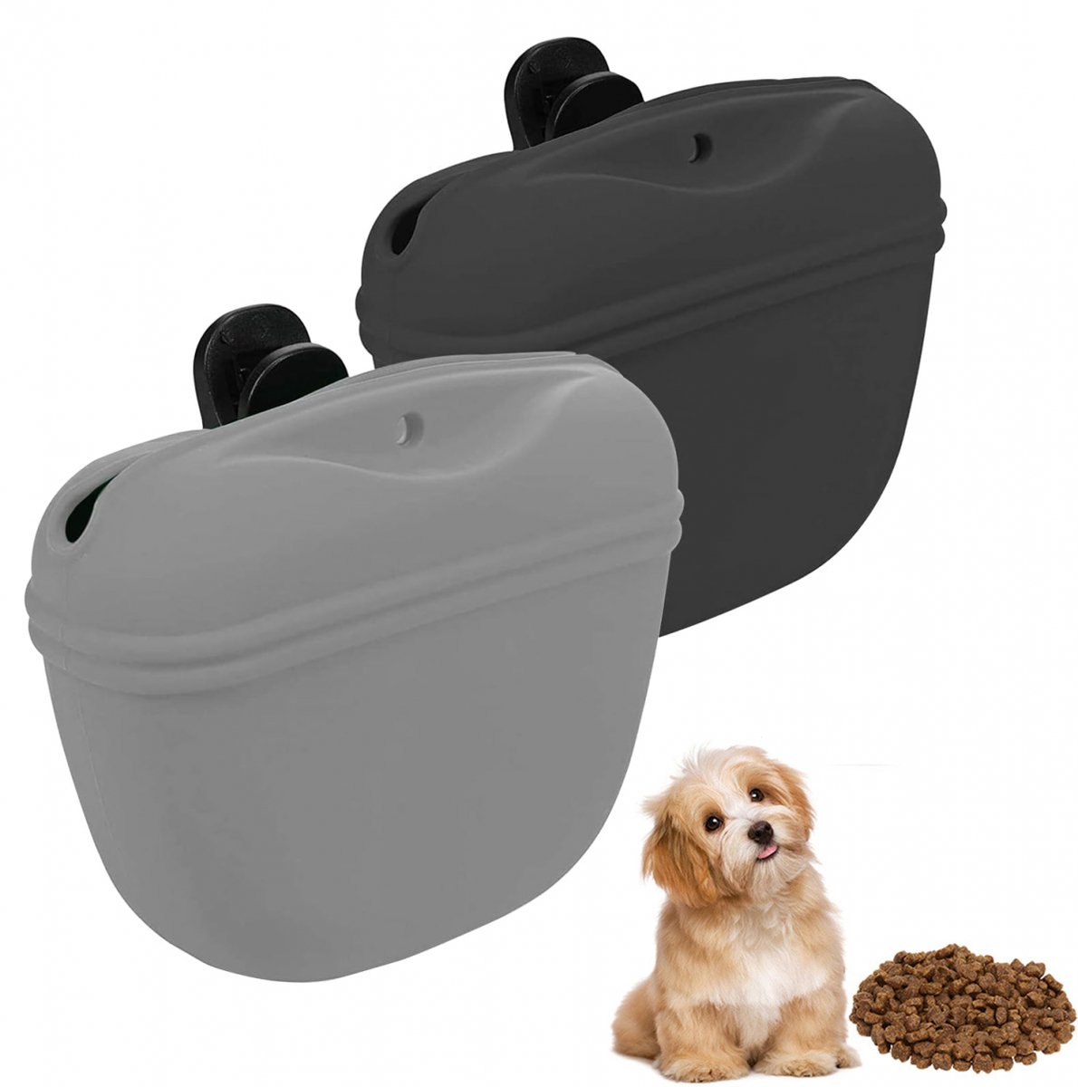 pieces - Reward Pouch for Dogs - Dog Training Treat Bag - Dog Treat Pouch - silicone dog treat pouch - BPA-free - with clip - dog training bag - grey and black