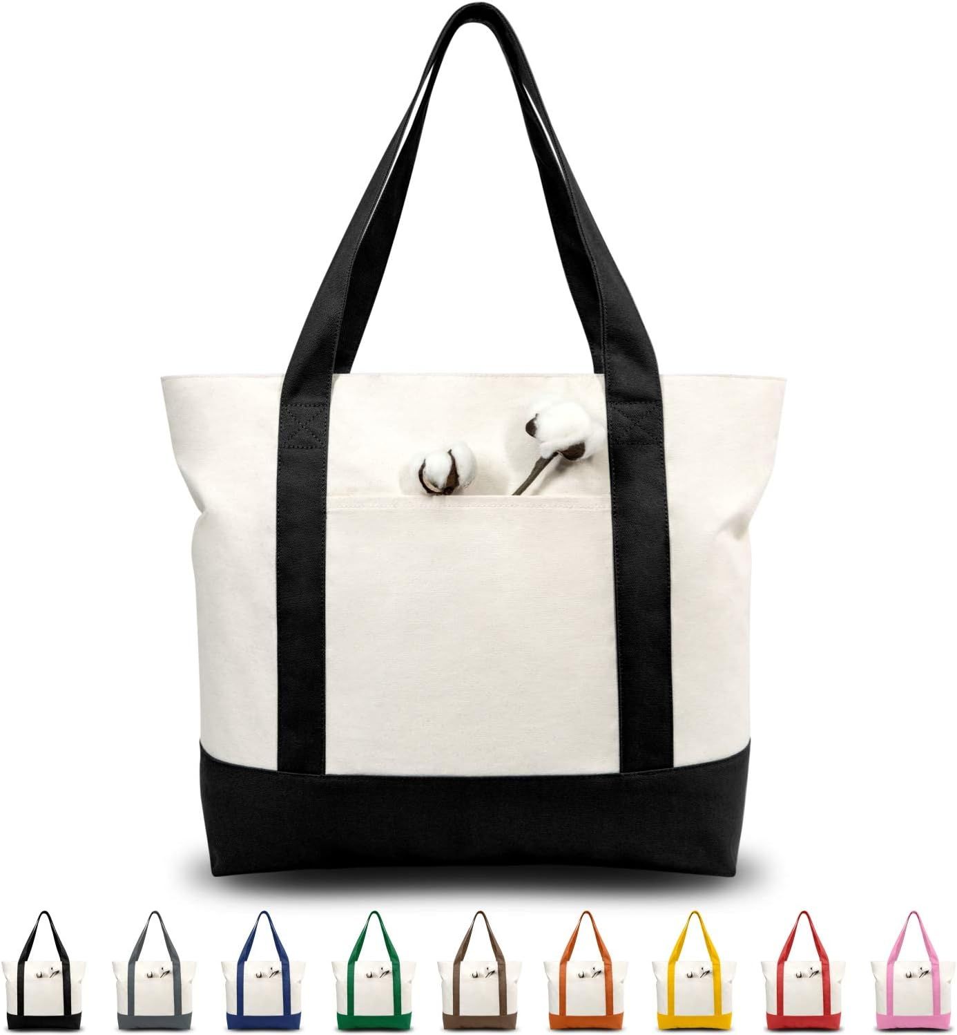 1 | 3 | 6 | 30 Pack Canvas Tote Bag with an External Pocket, Reusable Grocery Shopping Bag, Top Zipper Closure, Daily Essentials (Black/Natural Pack of 1)