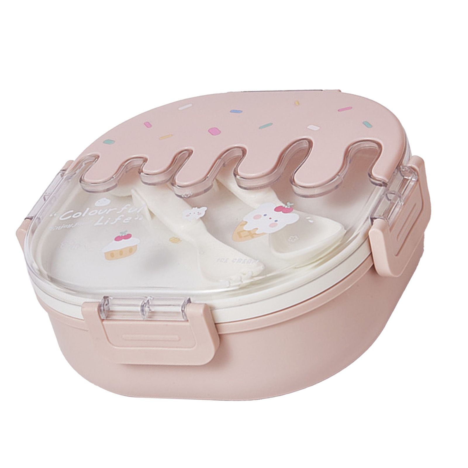 Bento Lunch Box for Kids Adults 3 Compartment Plastic Cute Ice Cream Lunch Snack Containers with Fork and Spoon for School Work Travel Pink โ image 2