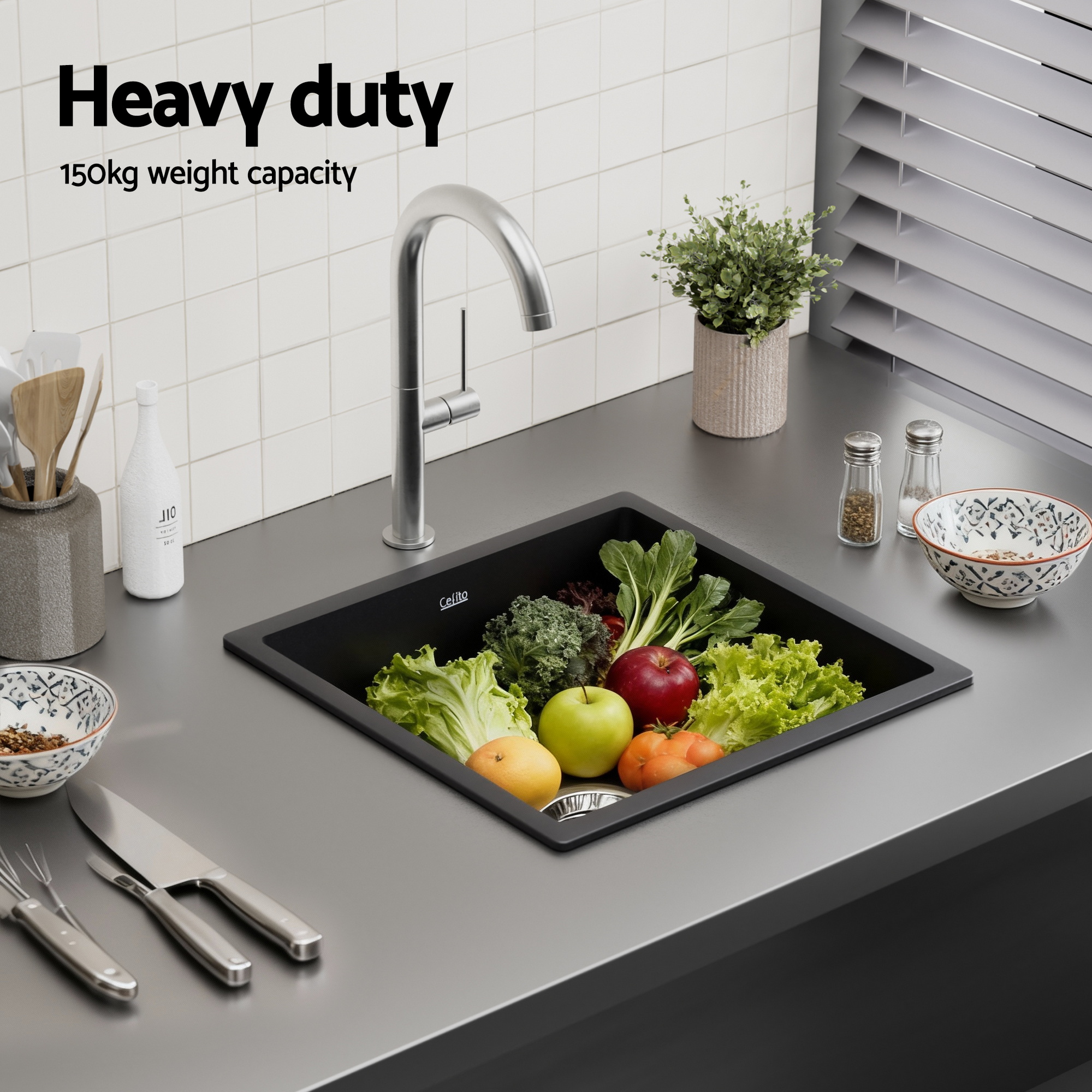 Cefito Kitchen Sink 45x45cm Granite Stone Sink Single Bowl Black — image 5