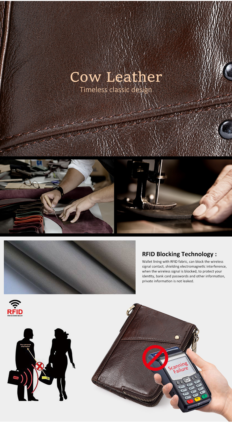 Genuine Leather Mens Wallet Double Zipper - RFID Blocking Bifold Card Holder with Coin Pocket - Coffee Gift for Him β image 3