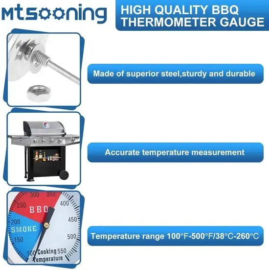 BBQ Grill Thermometer, Stainless Steel Large-Display Temperature Gauge for Smokers and Charcoal Grills, Silver, 52 mm — image 2