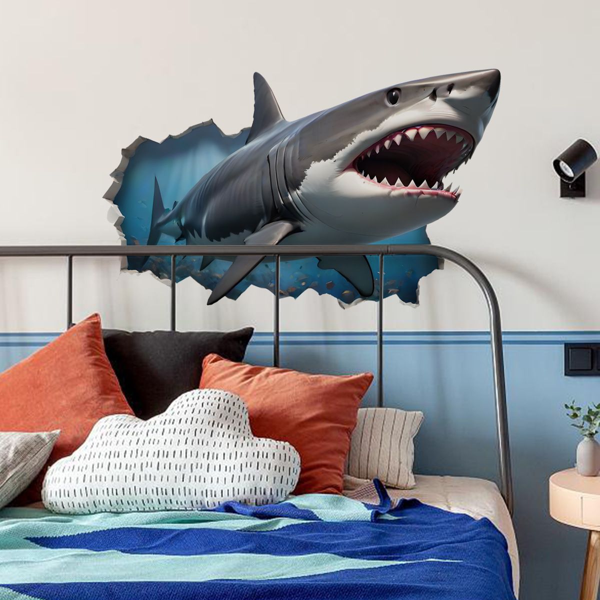 Broken Wall Fierce Shark Wall Stickers, Cartoon Sea Animal Wall Decals Removable Vinyl Peel and Stick for Kids Boy Living Room — image 4