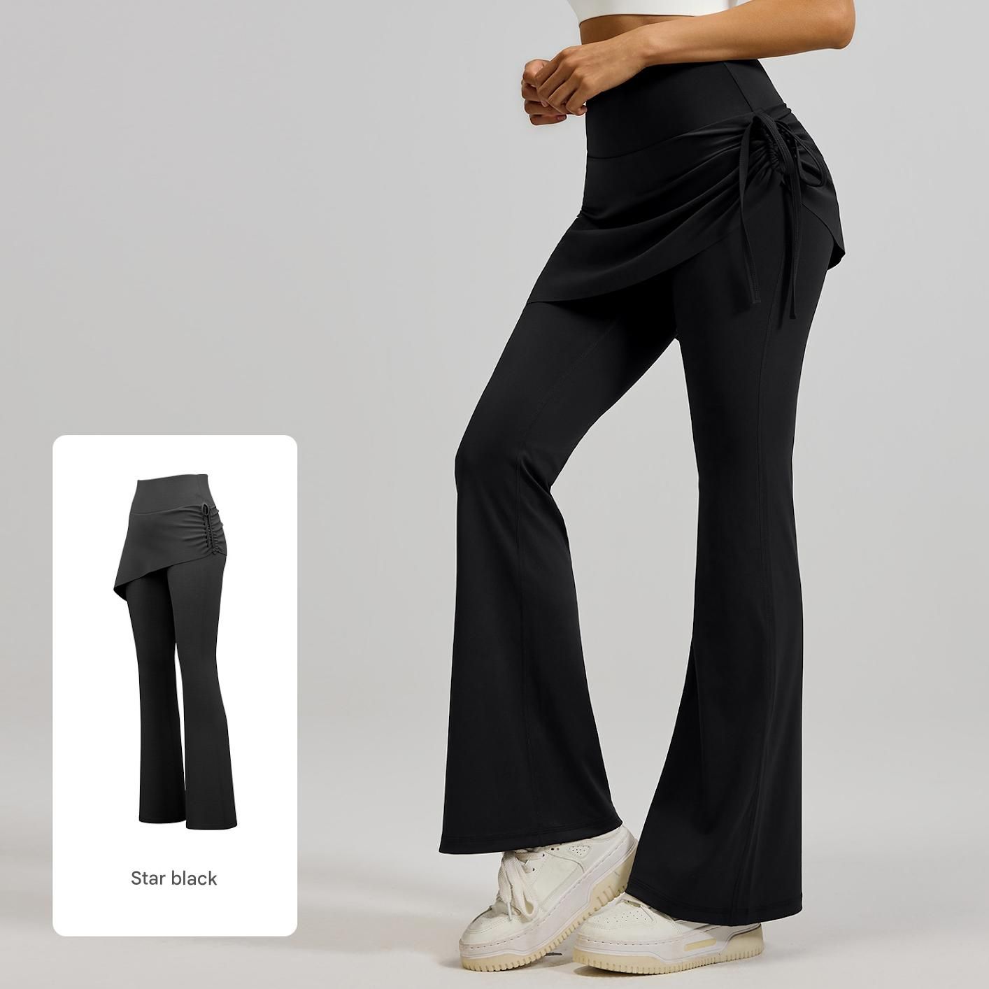 Women's High Waist Skirted Flare Yoga Pants with Adjustable Ruched Drawstring (L size)- Black Faux Two Piece Bootcut Leggings for Pilates, Gym โ image 2