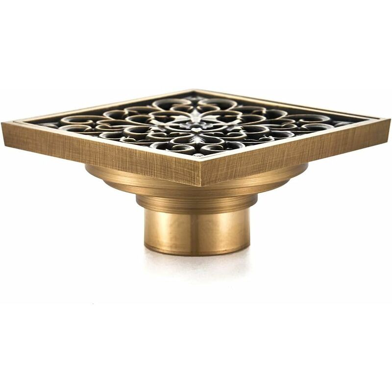 Brass Bathroom Floor Drain - Antique Unique Square Shower Drain Flower Carved For Toilet Garden 10Cm — image 2