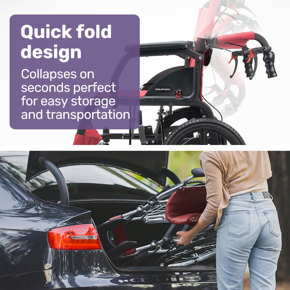 Equipmed Folding Transit Wheelchair, Lightweight Aluminium for Easy Transport, Crimson Red — image 6