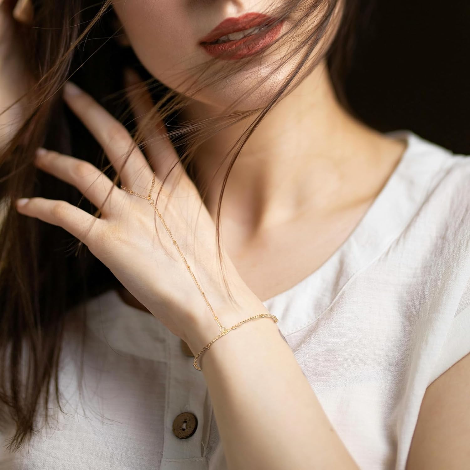 3 Pack Gold Hand Chain Bracelet Set for Women – Dainty Layered Finger Ring Bracelets, Boho Wrist Accessory for Wedding Prom Beach Party, Elegant Hand Jewelry — image 5
