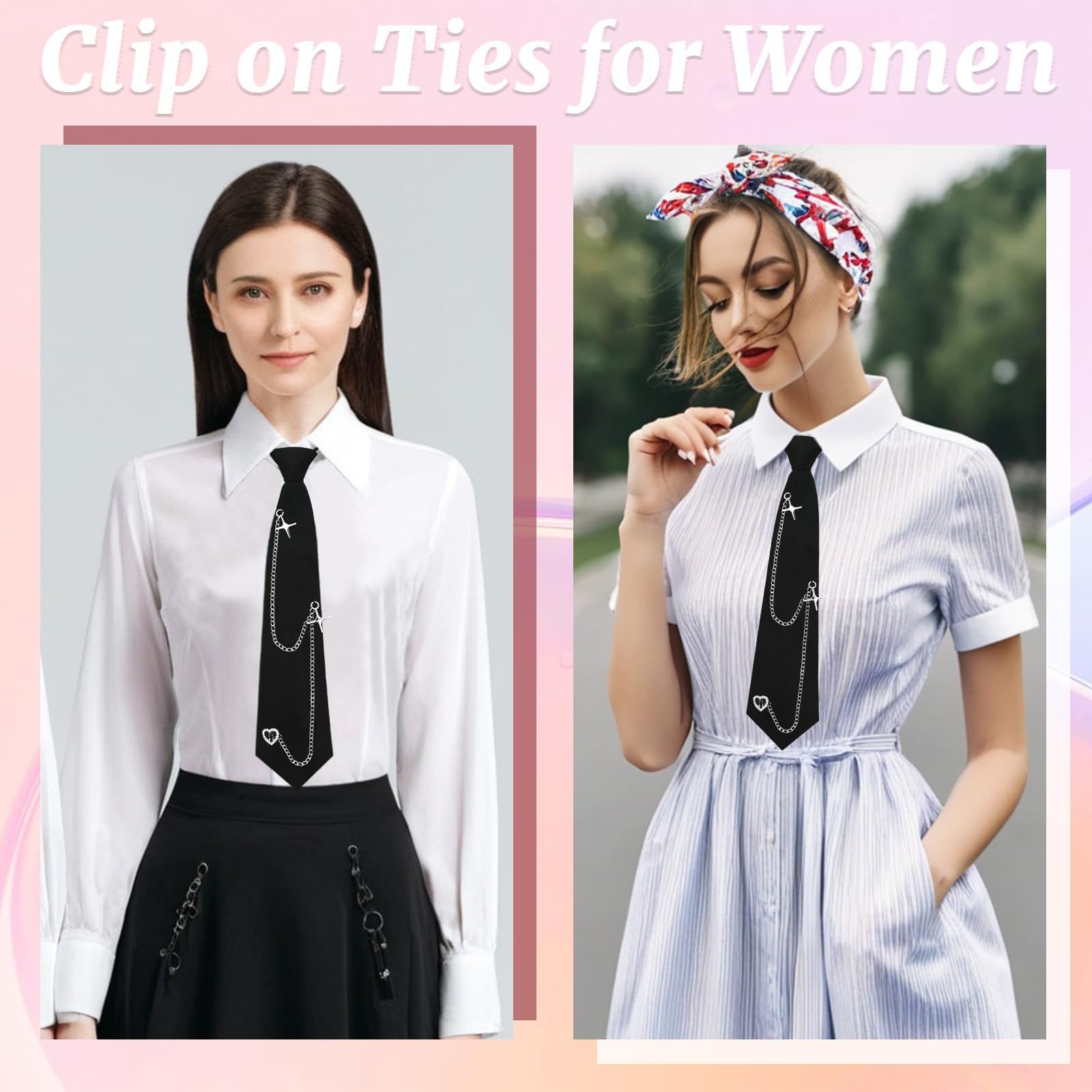 Black Tie for Women Girls Pre-Tied Womens Tie with Metal Chain Accessories Adjustable Necktie for School Shirt โ image 2