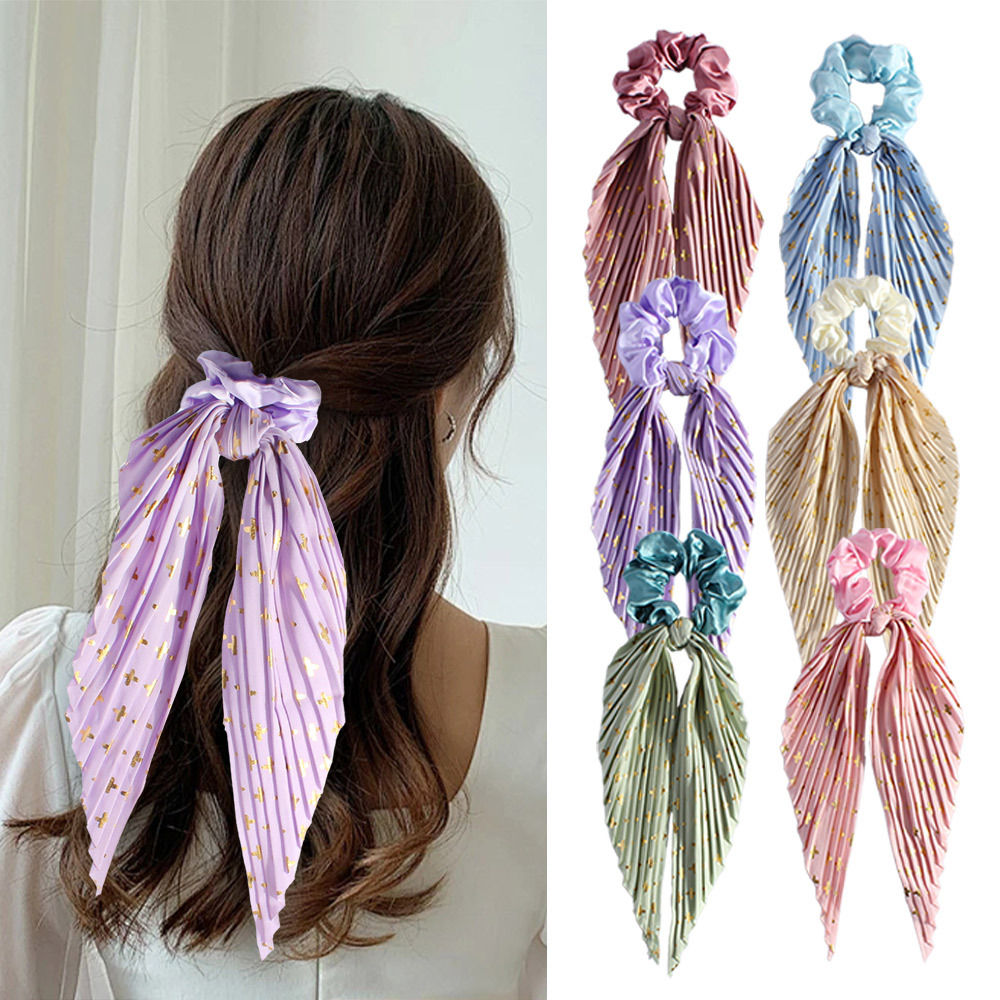 Handmade Pleated Scrunchie with Ribbon Ponytail Holder Hair Tie Hair Accessories 6 Colour Pack โ image 4