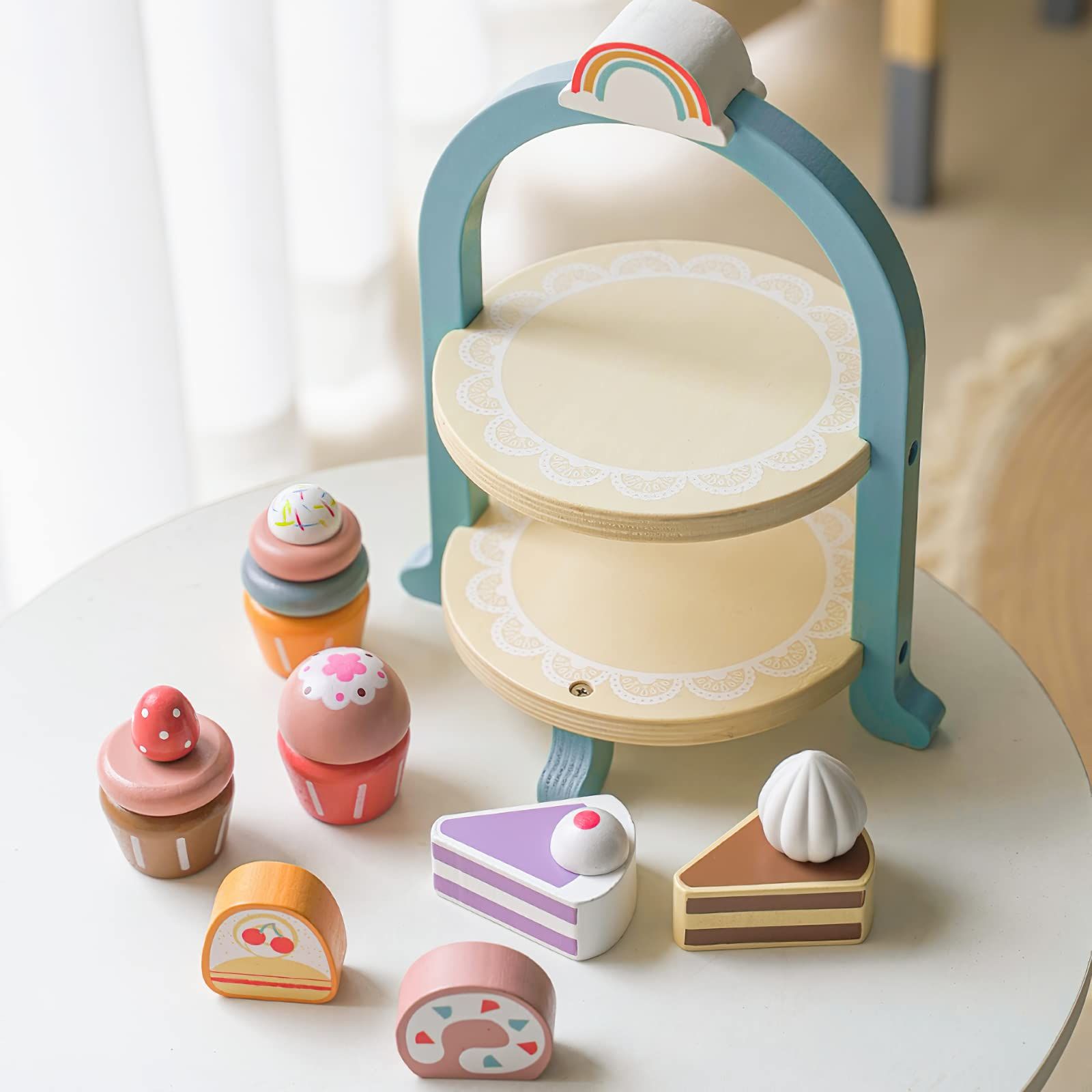 Wooden Dessert Cake Play Food Set Toys, Pretend Play Kids Tea Party Set for Little Girls Toddlers, Montessori Wooden Play Kitchen โ image 3