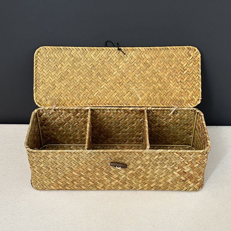 Multi-Compartment Wicker Rattan Storage Basket with Lid - Rustic Home Organizer for Shelves, Home Storage,Toilet Paper, Snacks — image 3