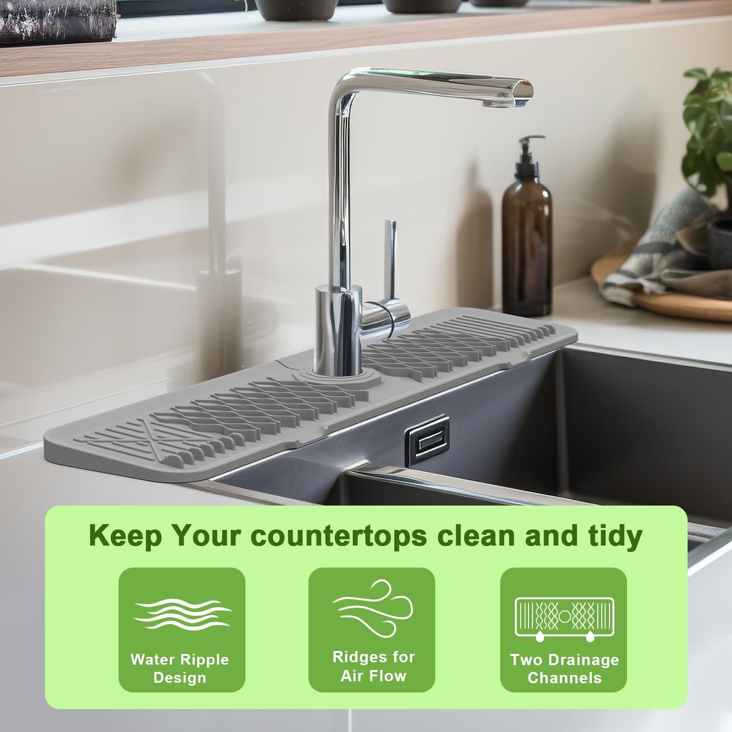 Kitchen Sink Splash Guard, 24 inches 5°Slope Food Grade Silicone Sink Faucet Mat Handle Drip Catcher Tray, Faucet Air Drying Mat — image 4
