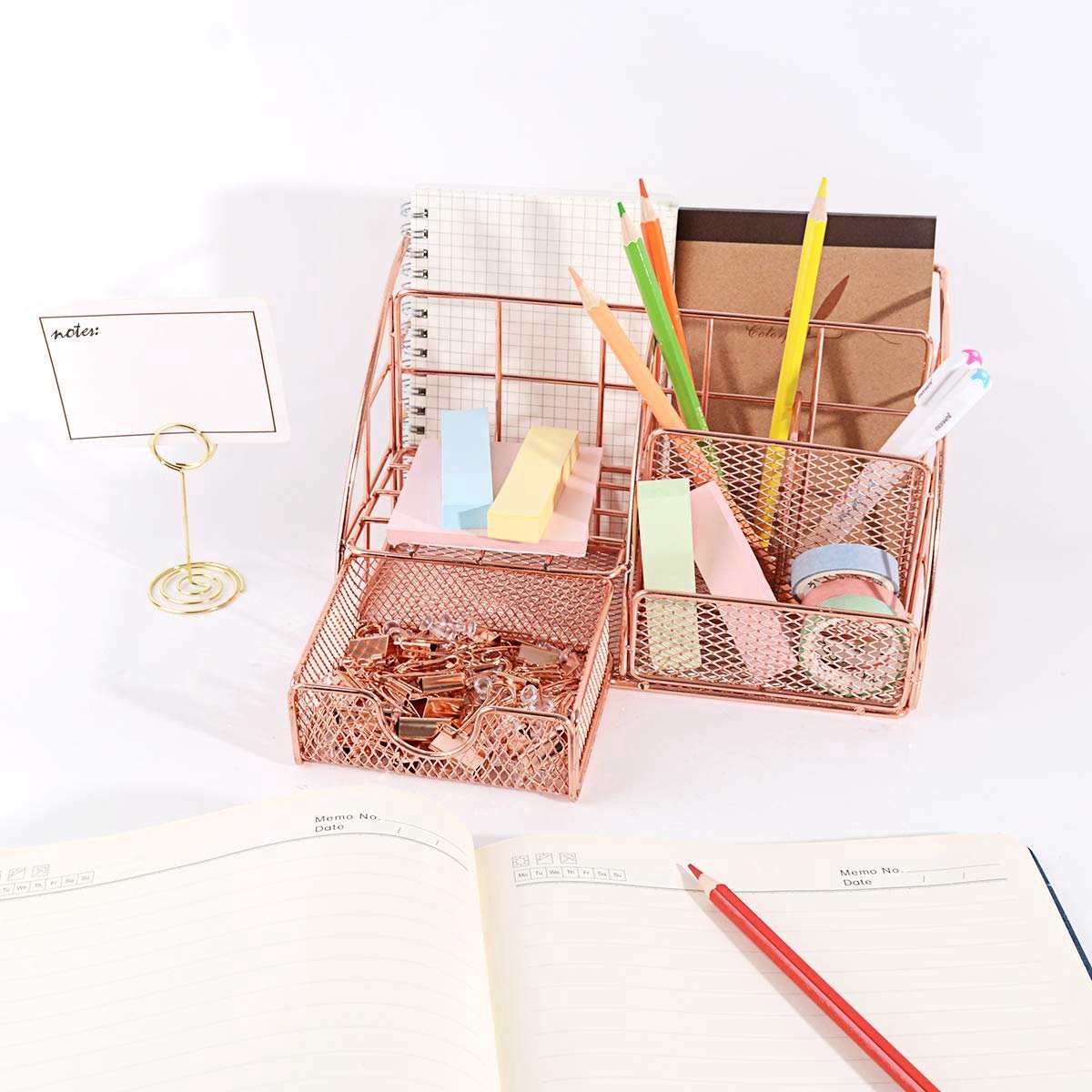 Pen Tray - 5 Compartments and Drawer - Desk Organizer - Rose Gold - Pen Holder - Desk Organizer - Durable - Non-Fading - Metal - Pen Trays - Mesh - Fashion — image 3