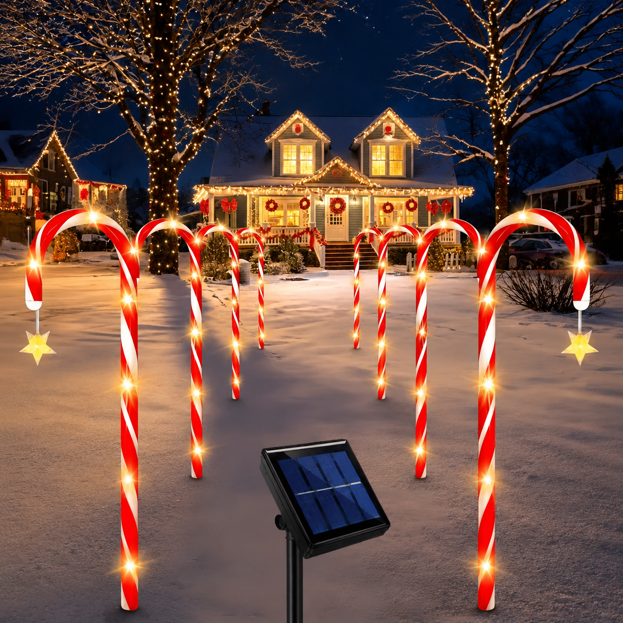 Solar Candy Cane Pathway Lights with Star Accents, 5-Pack Red & White Striped LED Stake Lights, Warm Glow for Christmas Yard, Garden and Holiday Party Display — image 6