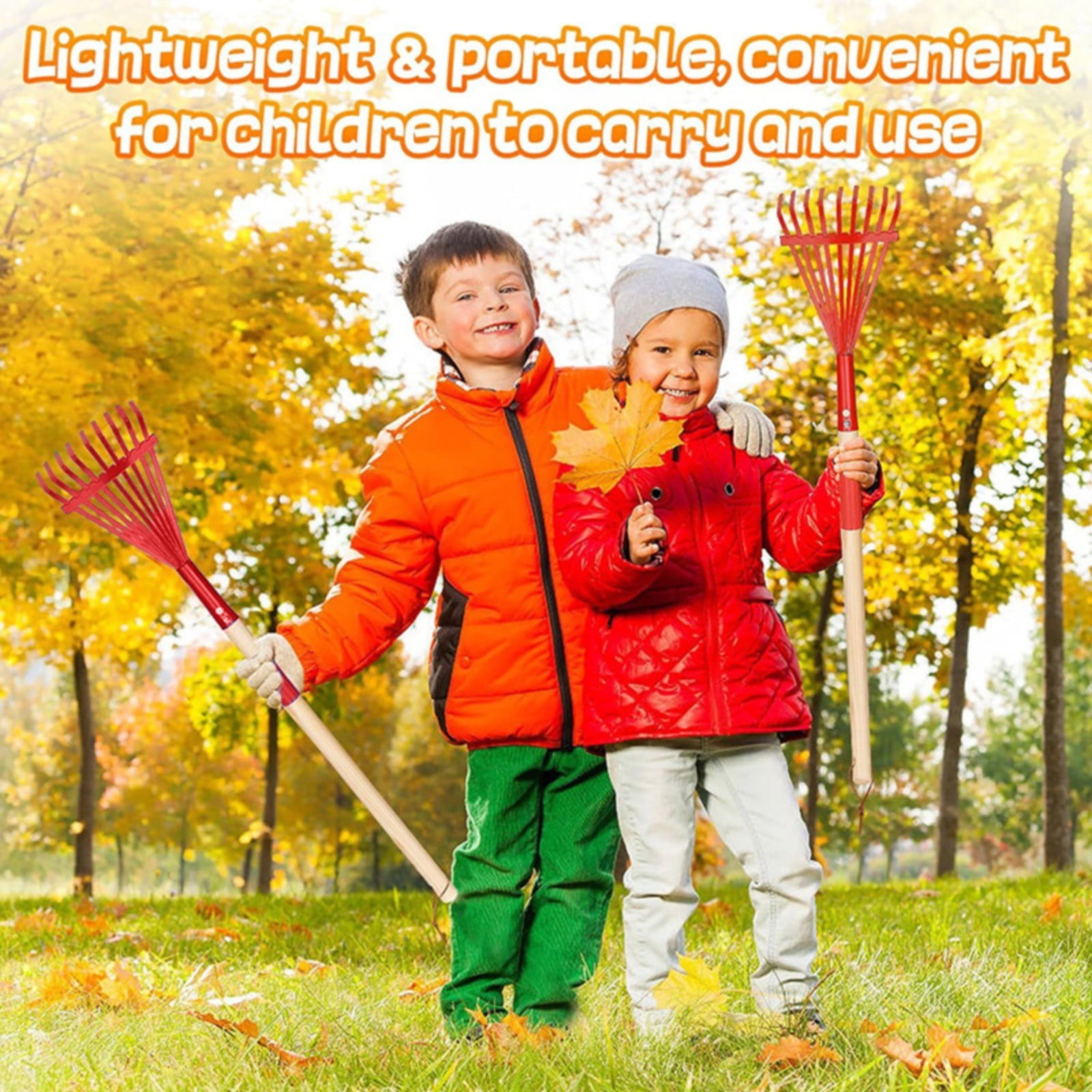 Child Size Garden Leaf Rake with Metal Head and Wooden Handle, Lightweight Outdoor Tool for Gardening and Yard Work, 71 cm, Red — image 3