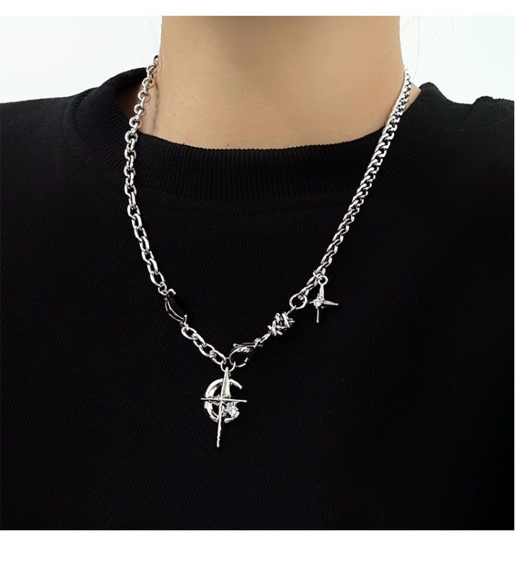 Silver Hip-hop style titanium steel black gemstone spliced star cross necklace, unisex trendy streetwear design collarbone chain — image 5