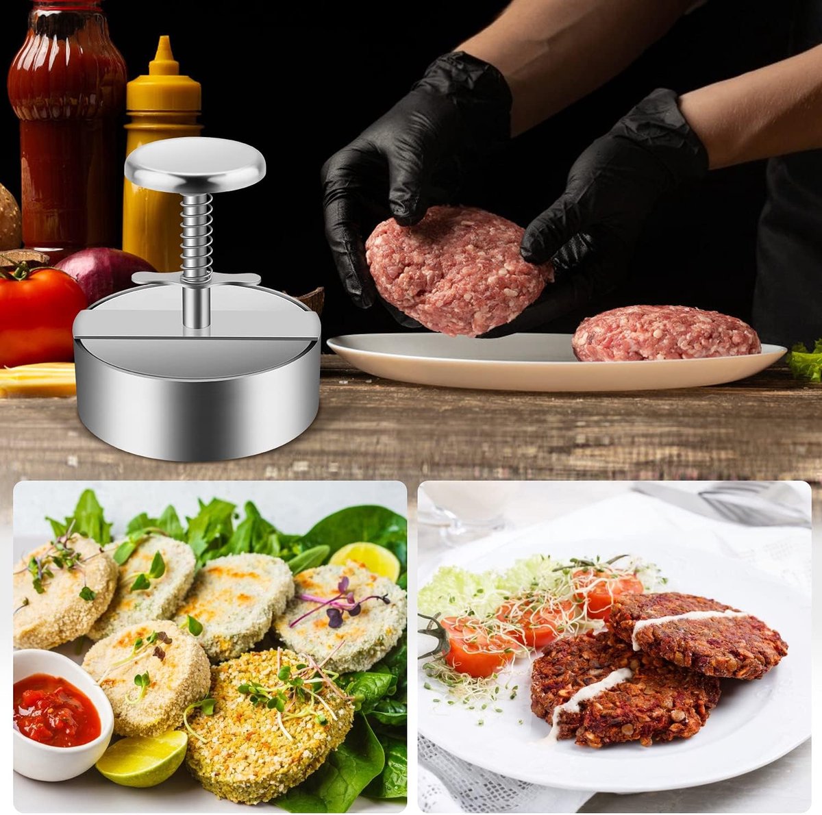 Hamburger Press - Burger Makers - with Scale Markings - 11.5*11.5*14 cm - Burger Press - Adjustable - Stainless Steel Hamburger Patty Maker - Non-Stick Burger — image 4