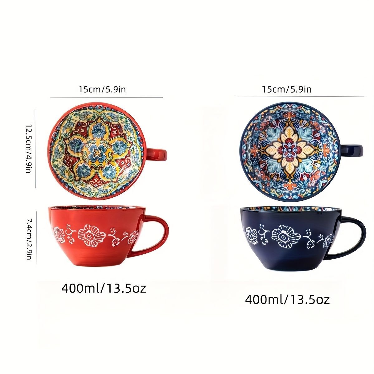 Bohemian Ceramic Cups Vibrant Floral Drinkware Hand-Painted Coffee Cups Unique - Isdil - Size 400ml