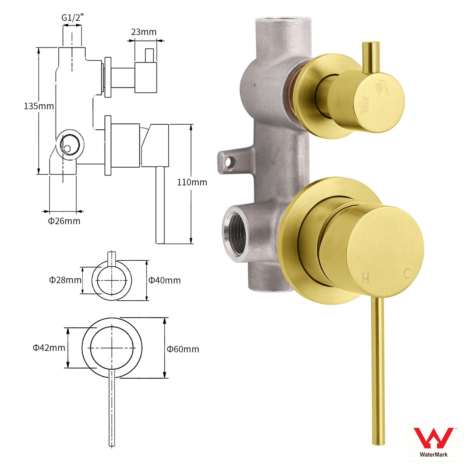 Concealed Round Brushed Gold Wall Shower Mixer 2 Way Diverter Valve For Bathroom โ image 2