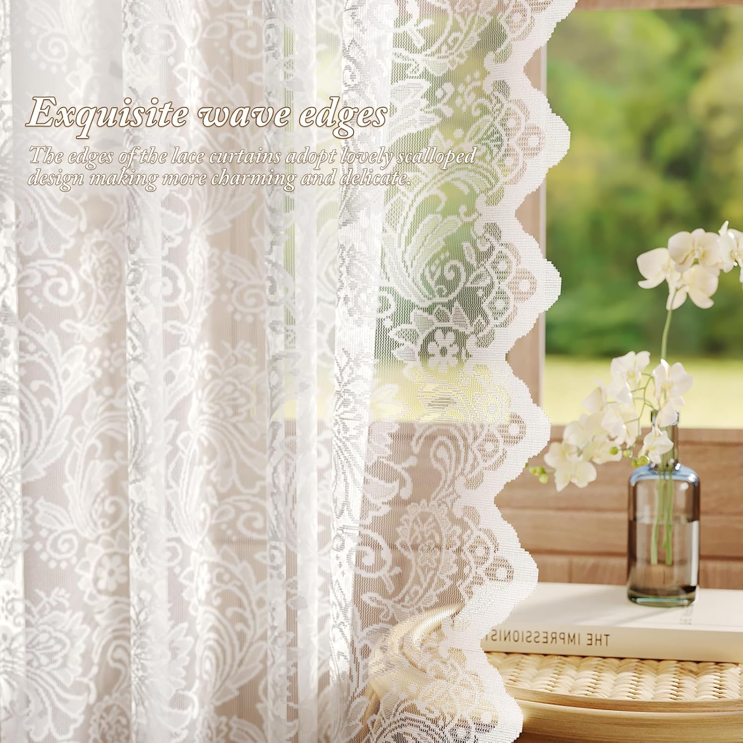 Vintage Lace Sheer Curtains 63" 2 Panels White, Elegant Floral Soft Fabric, Scalloped Edge, Easy Install Rod Pocket Drapes for Bedroom Living Room & French — image 6