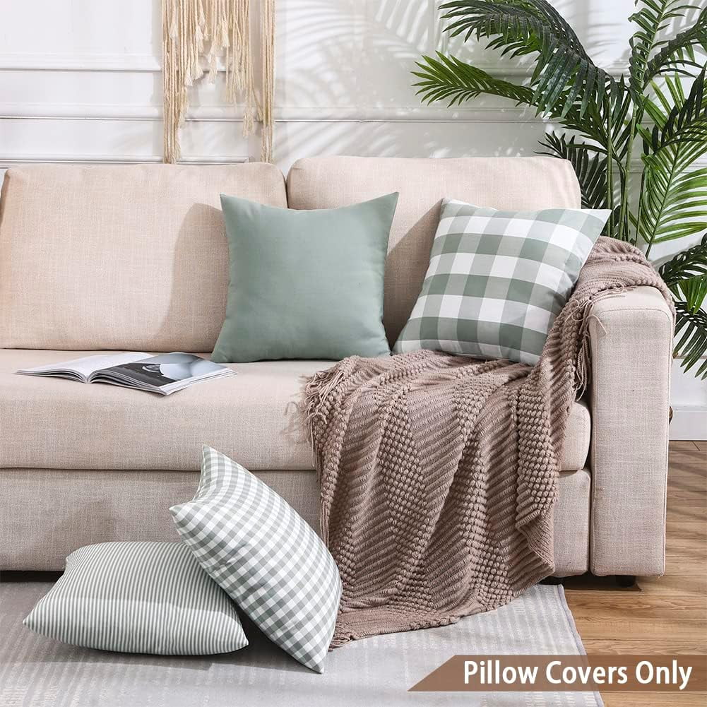 Light Blue Farmhouse Buffalo Plaid Pillow Covers 18x18 Set of 2 Patio Outdoor Decor Neutral Checkered Pillow Covers 18 x 18, Blue and White Gingham Pinstripe โ image 3