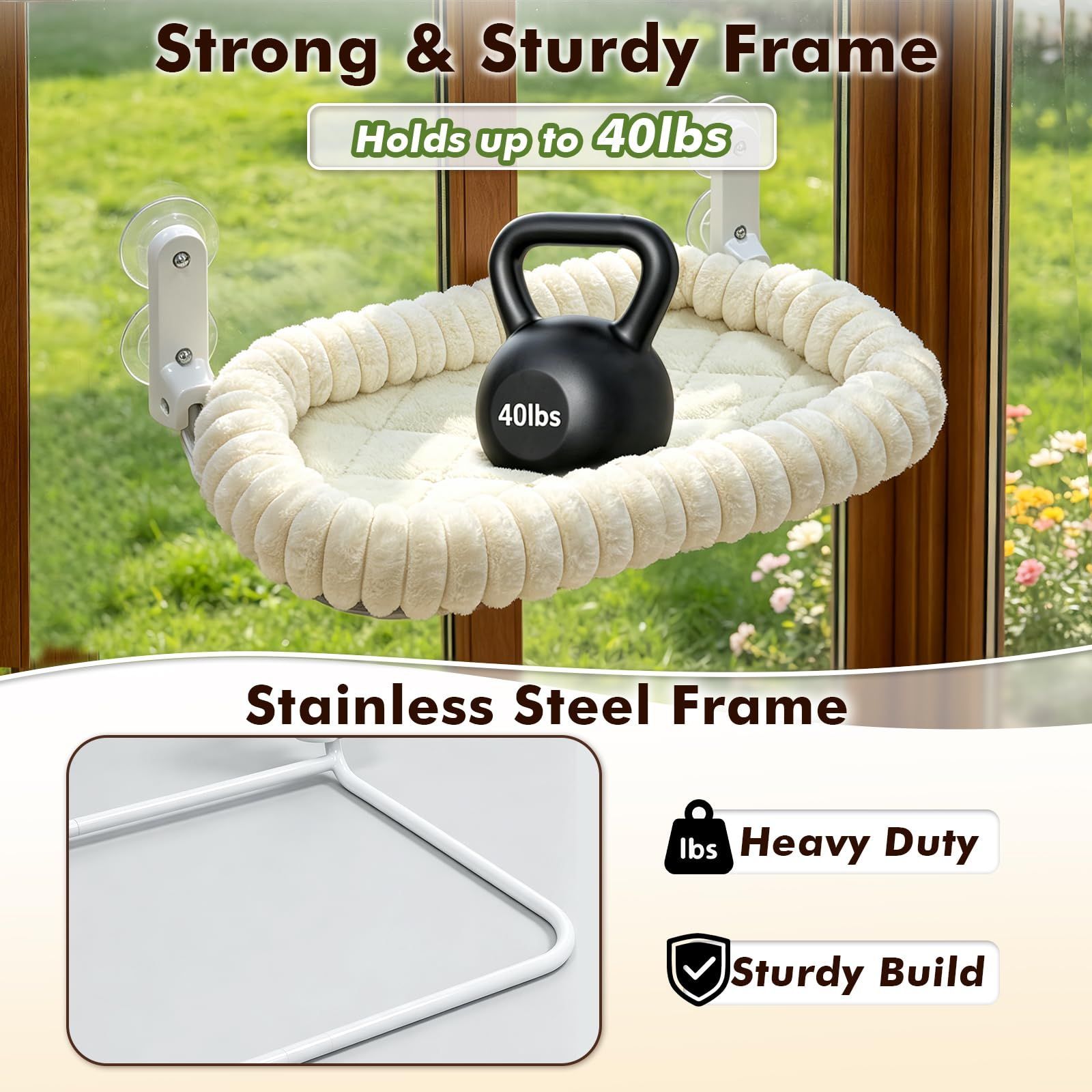 XL Cat Window Perch with 4 Heavy-Duty Suction Cups, Solid Metal Frame, Removable Striped Plush Bed, No Drill Window Mount Cat Hammock for Indoor Large Cats โ image 6