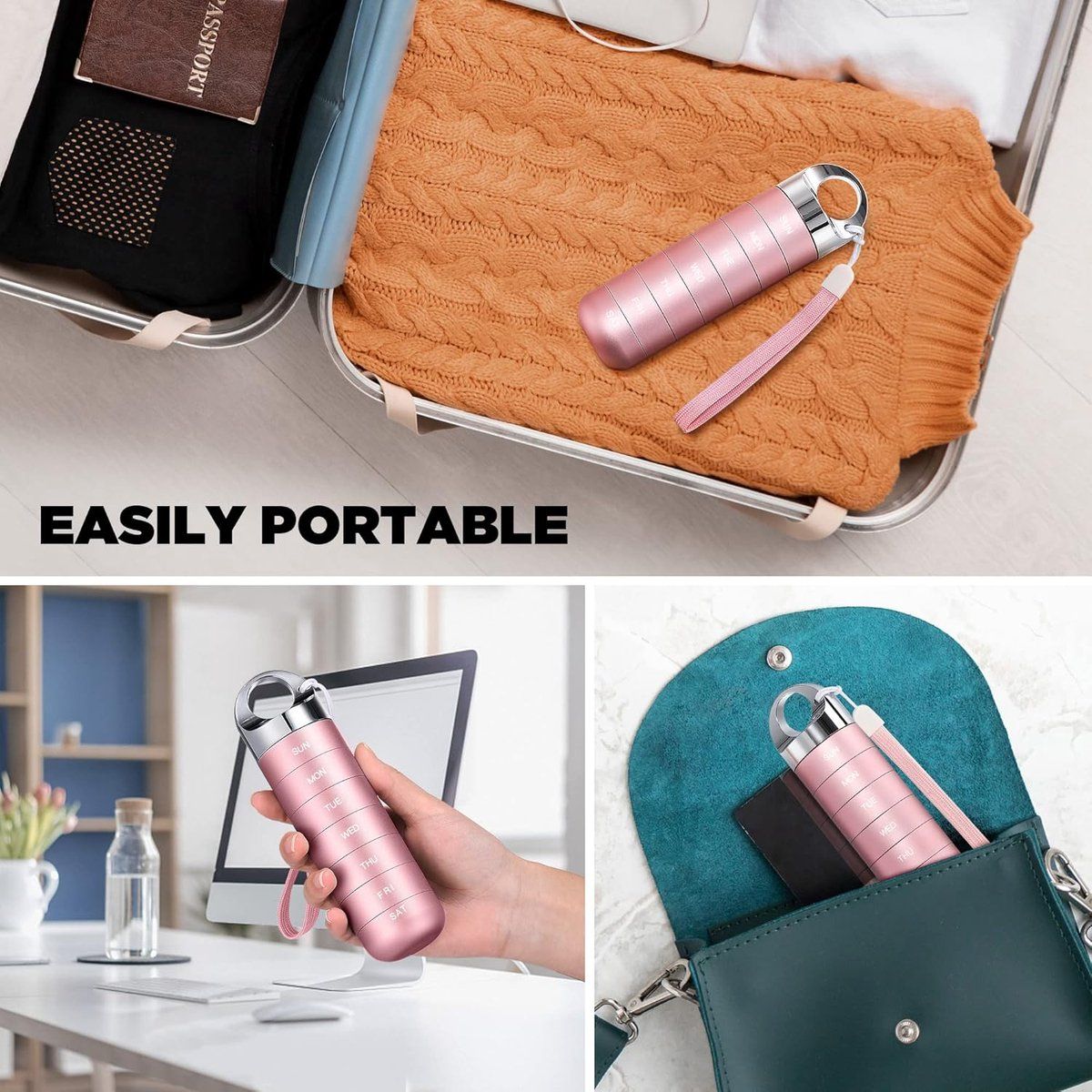 Metal Travel Pill Box, Portable Waterproof Weekly Pill Box, Large Aluminum Alloy Pill Holder, Fish Oil, Supplements, Pink โ image 5